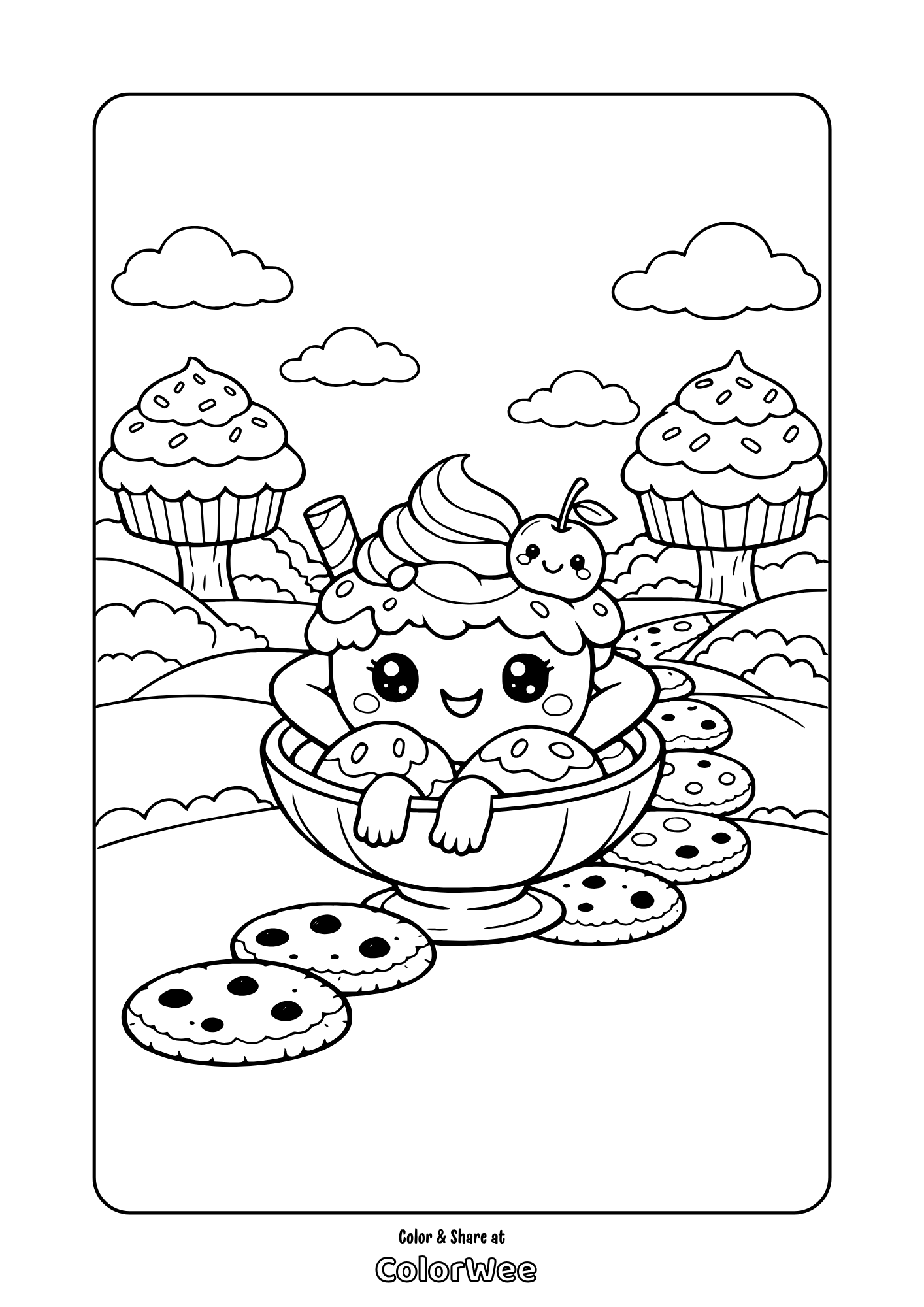 Kawaii ice cream sundae, cookies and cupcake world coloring page