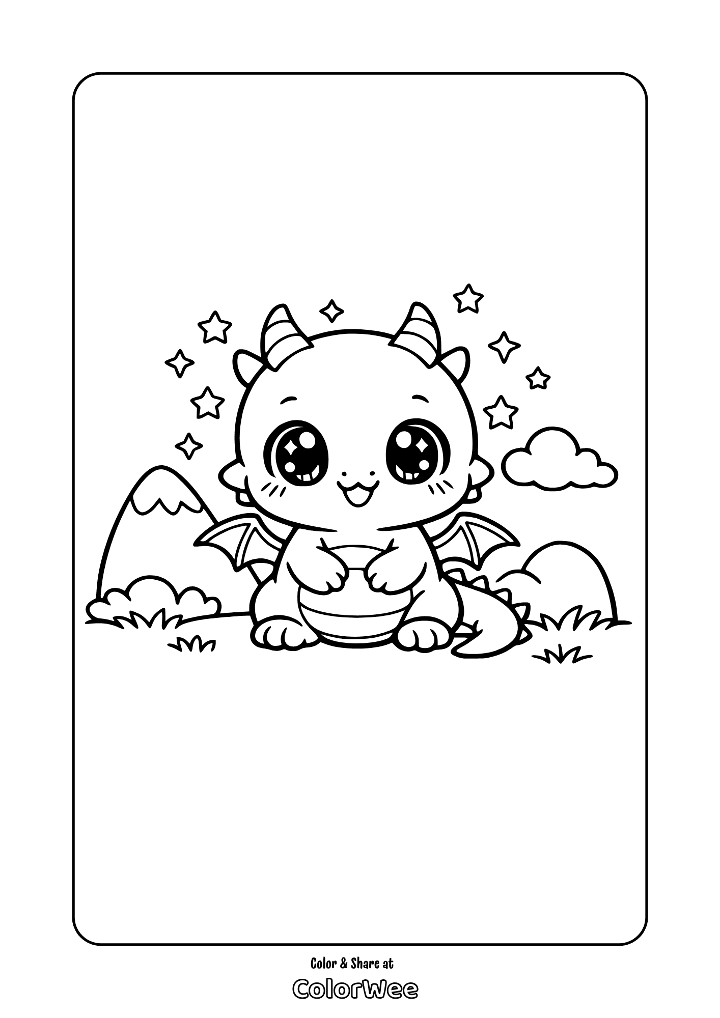 Cute baby dragon coloring page with stars and mountains, printable