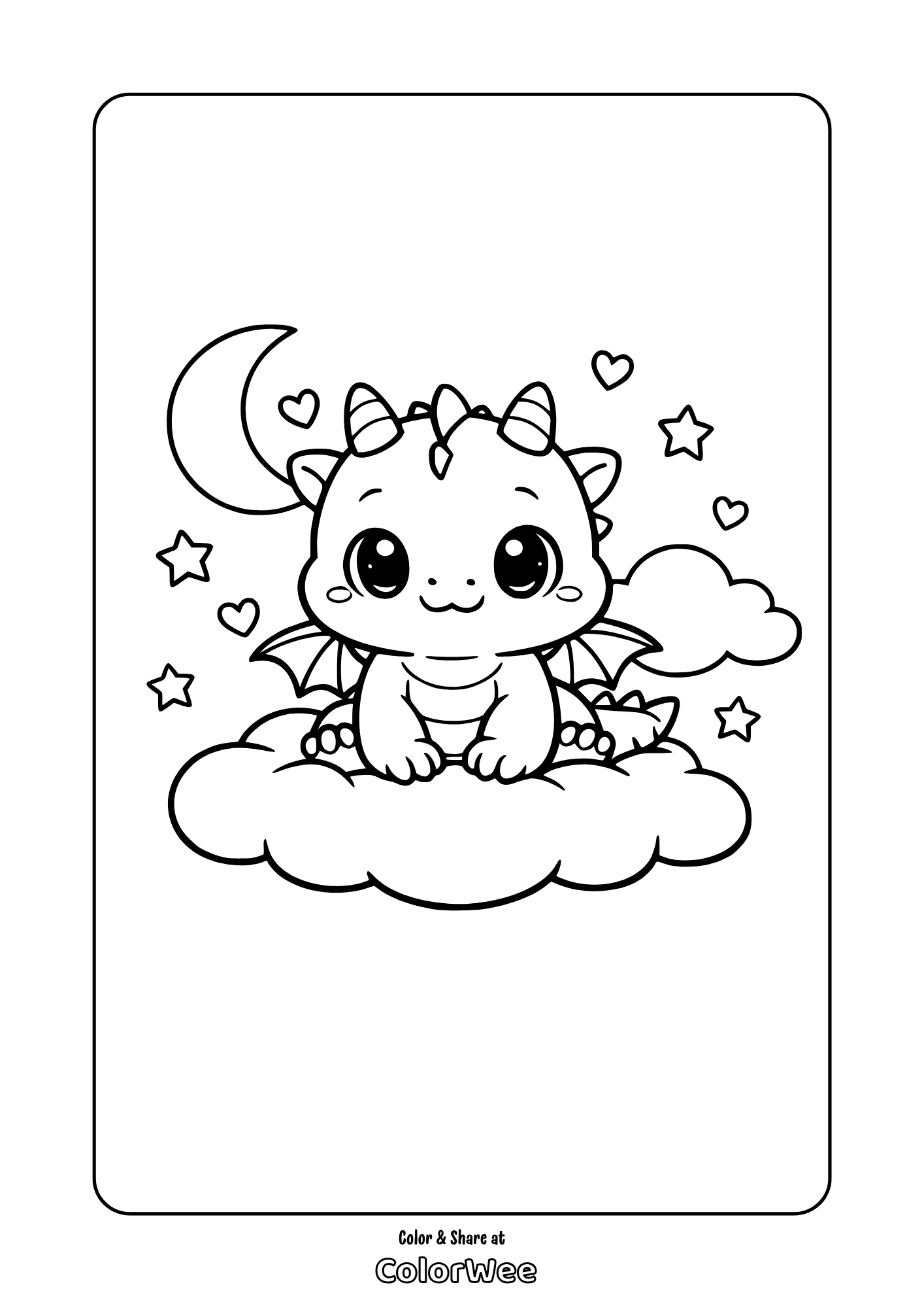 Cute baby dragon on cloud with moon and stars coloring page