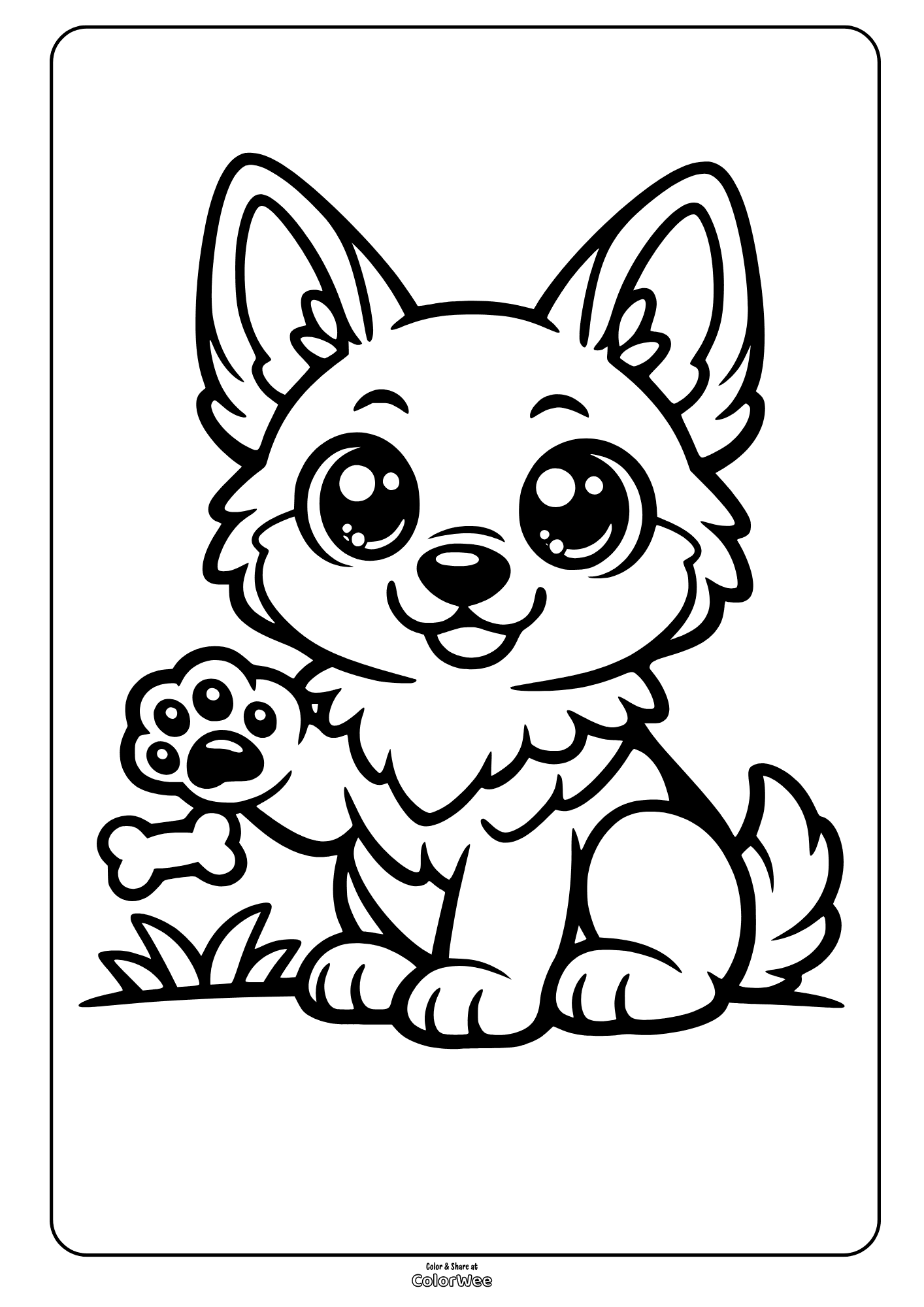 Cute german shepherd puppy with bone and paw up coloring page.