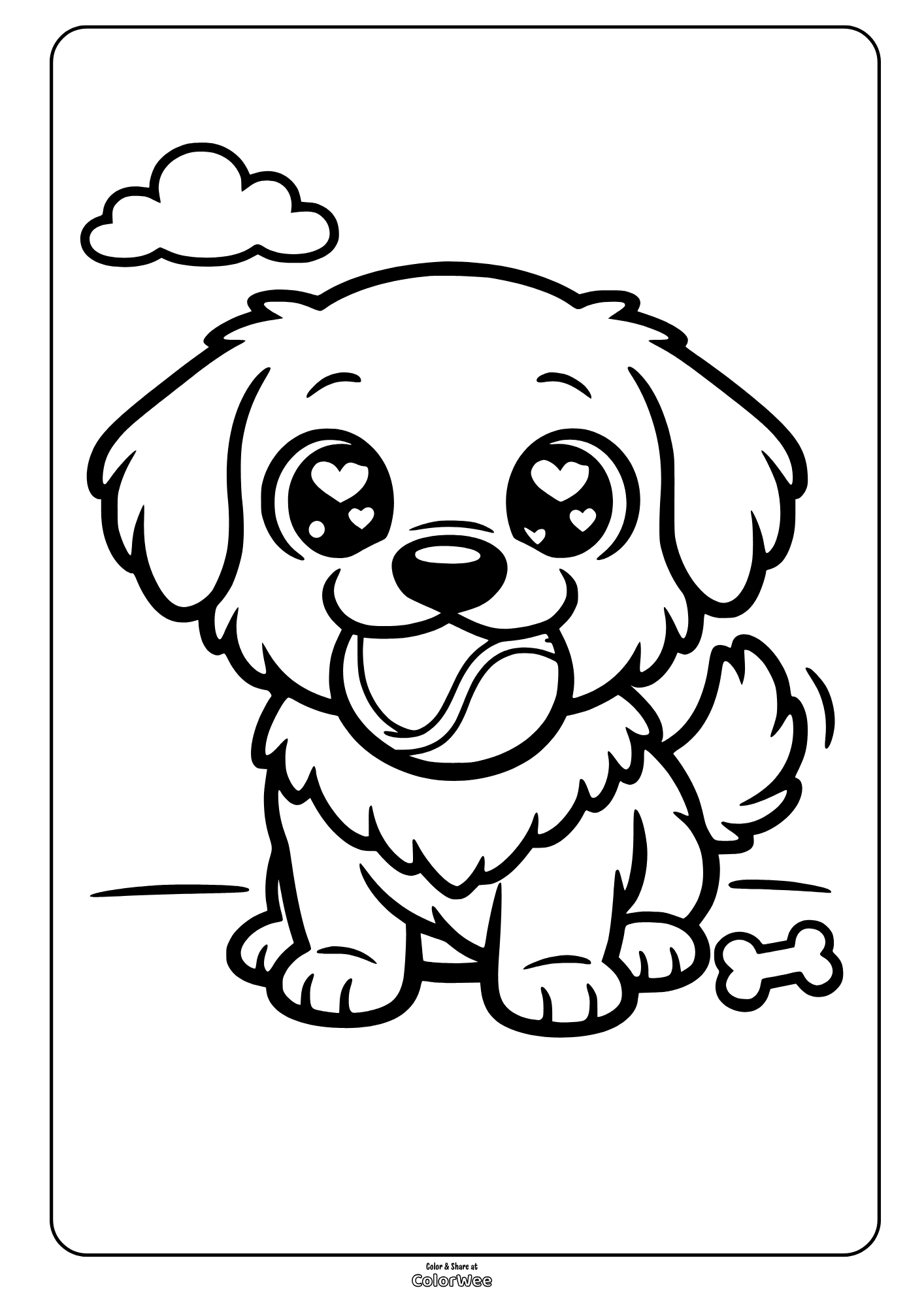 Cute labrador puppy dog coloring page with heart eyes, bone, and cloud