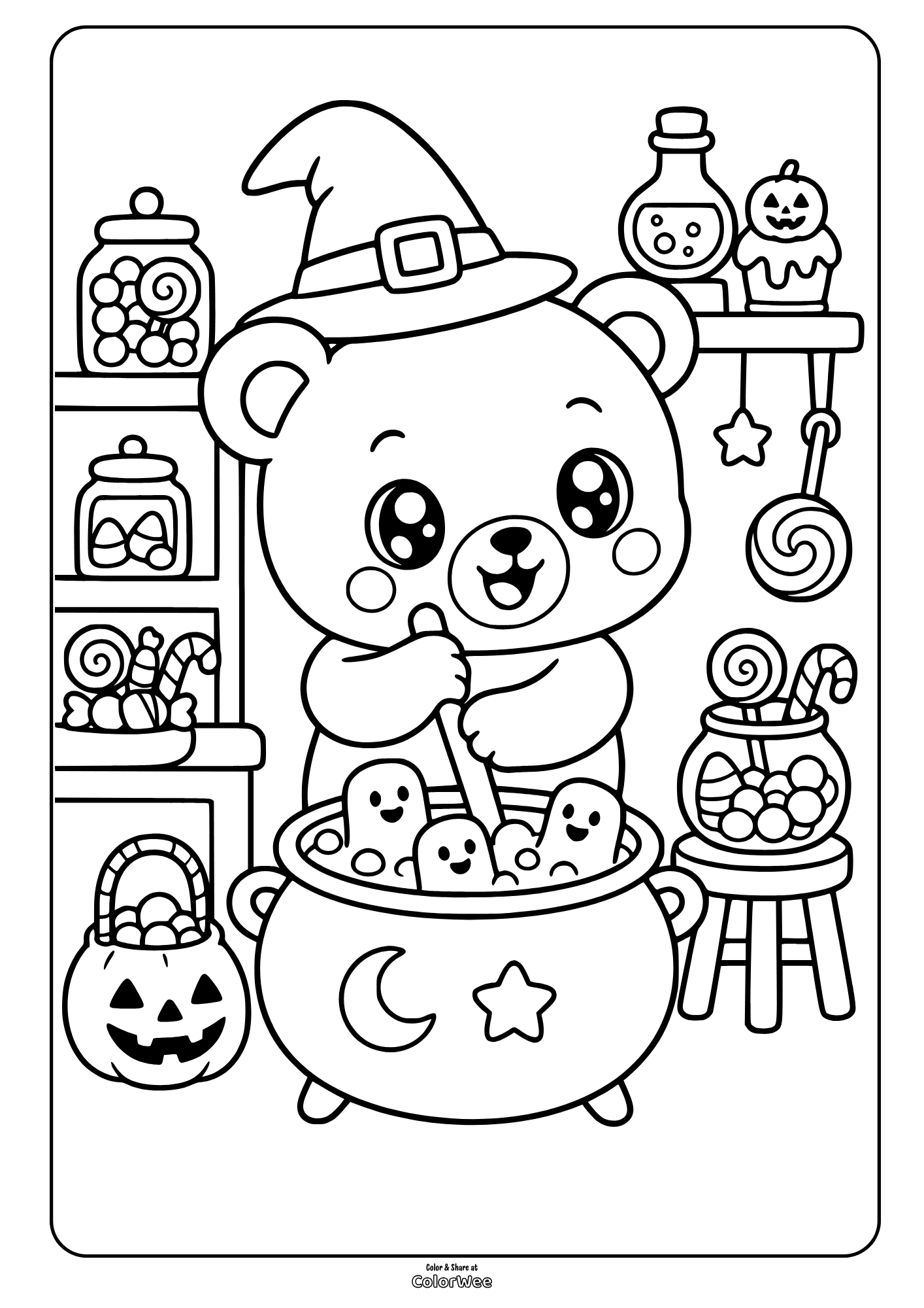 Printable Halloween bear witch cauldron coloring sheet with candy and ghosts