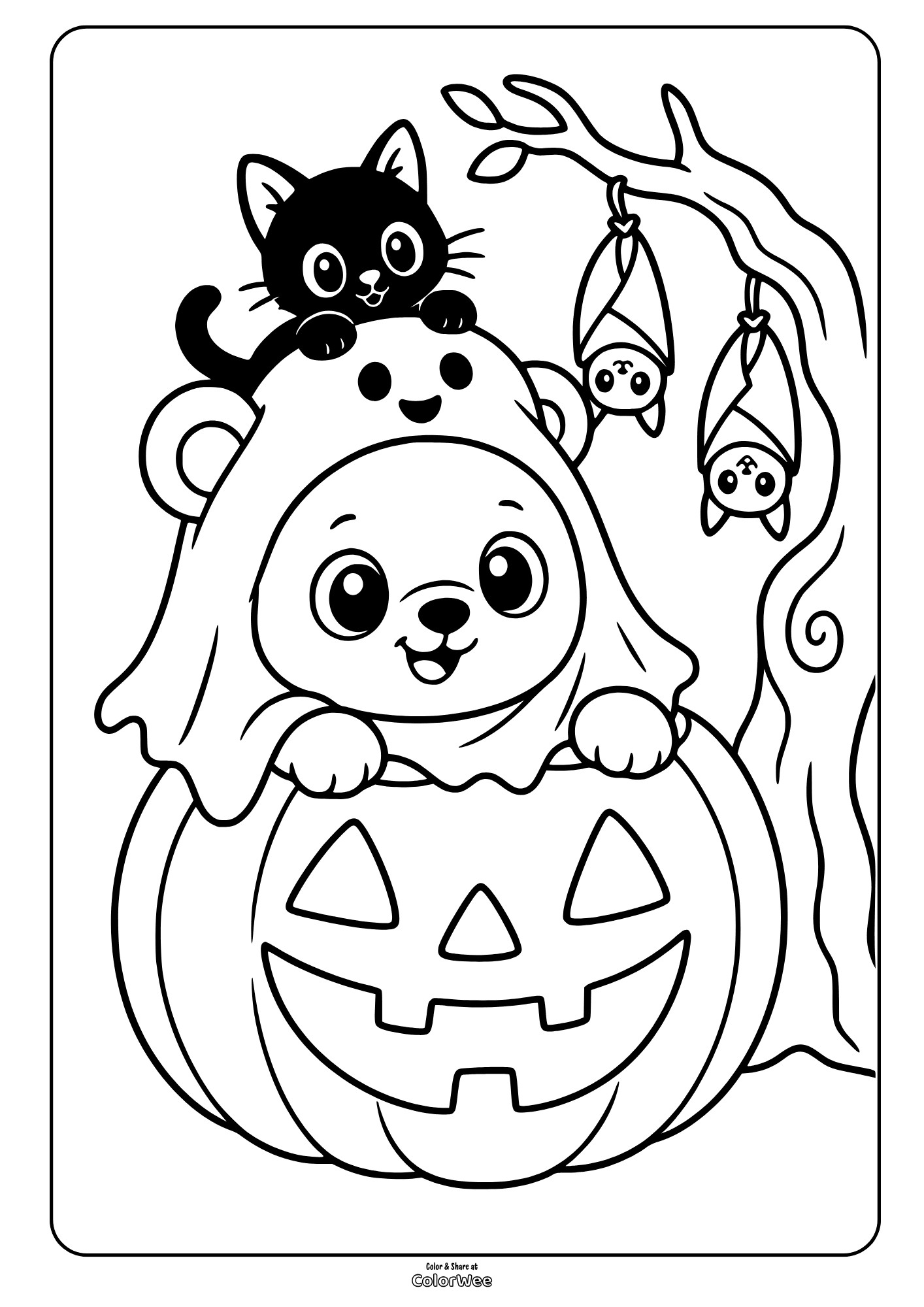 Halloween coloring sheet: cute bear ghost, black cat, bats, jack-o'-lantern