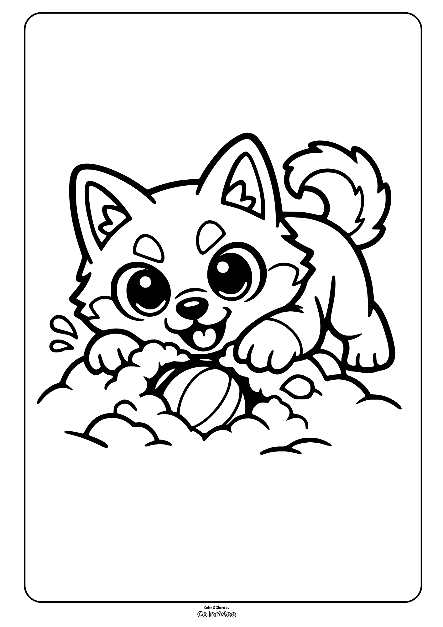 Printable cute husky puppy dog digging ball coloring page .