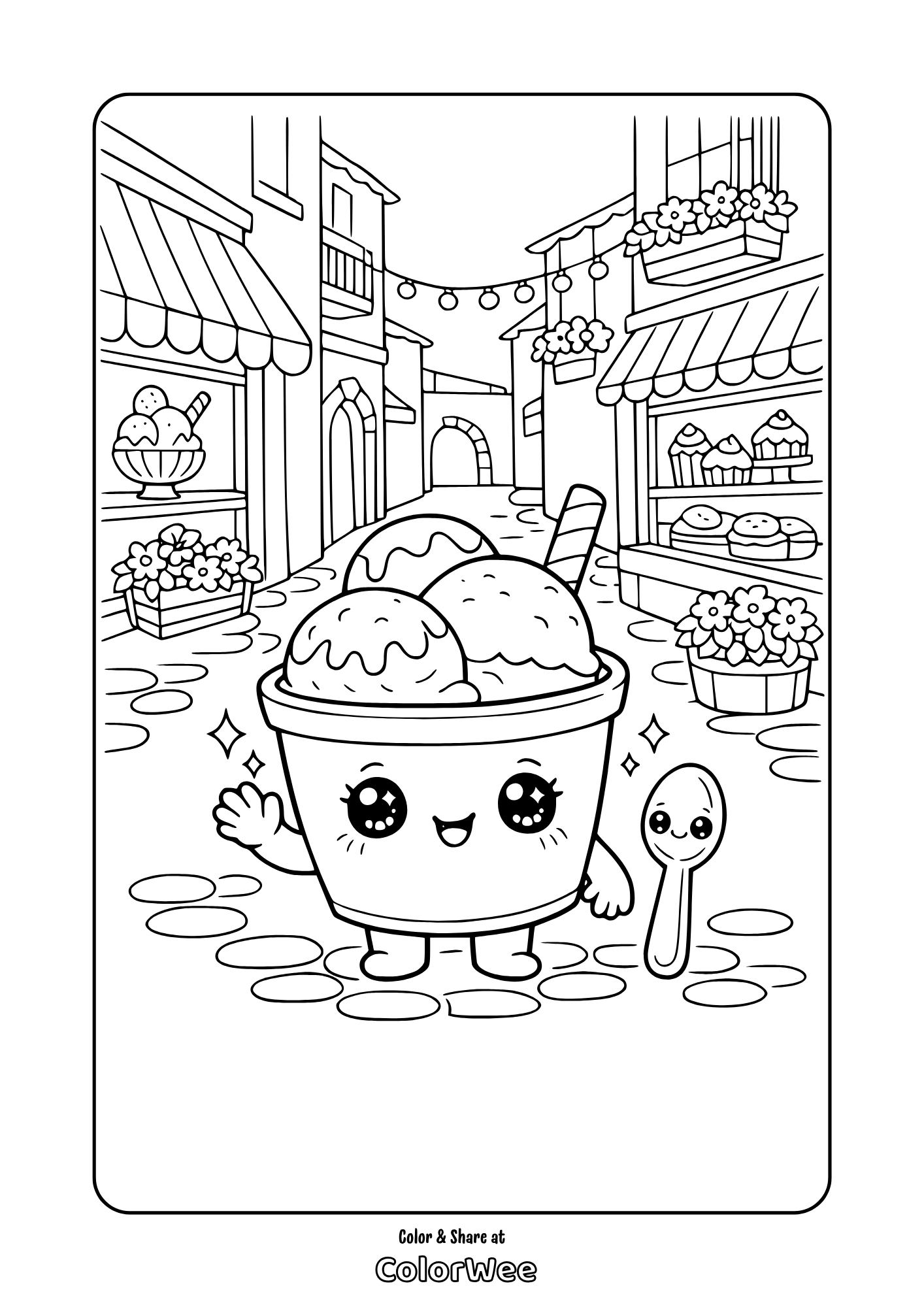 Kawaii ice cream cup and spoon in sweet shop street coloring page