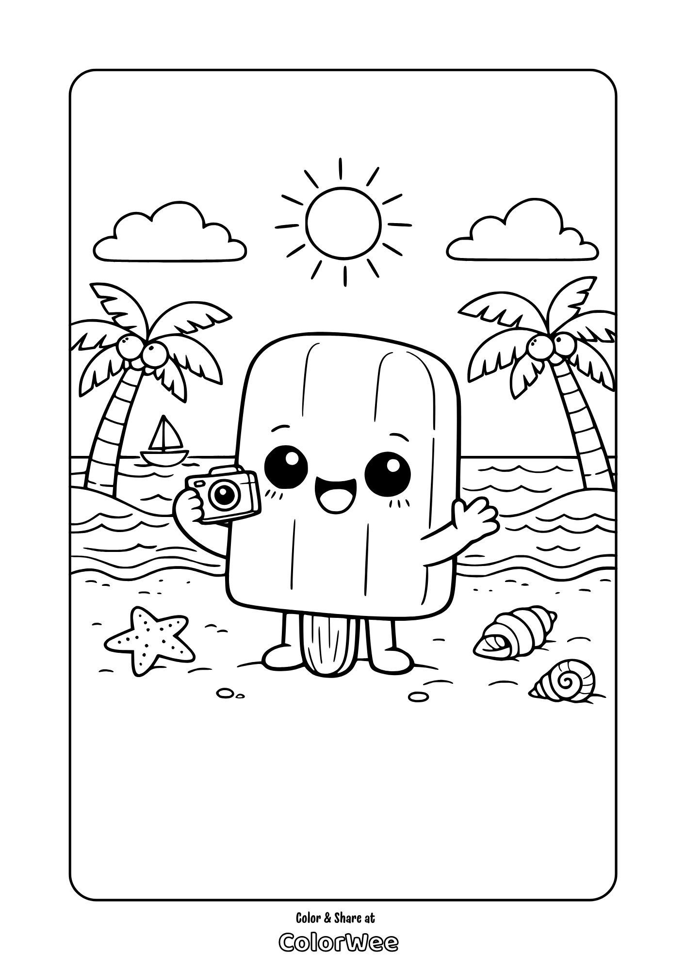 Cute popsicle on tropical beach with camera coloring page for kids