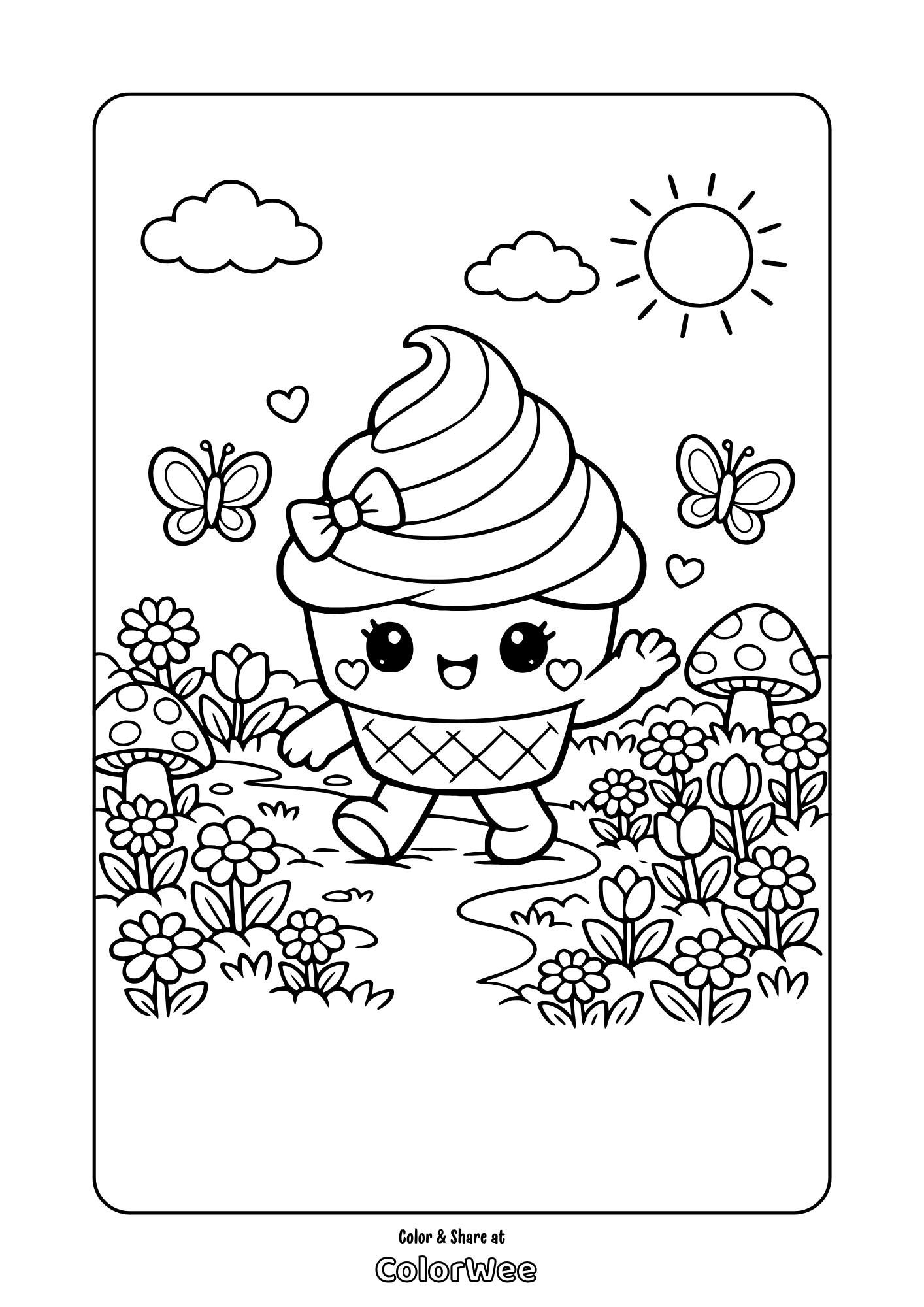Kawaii cupcake in flower garden with butterflies coloring page