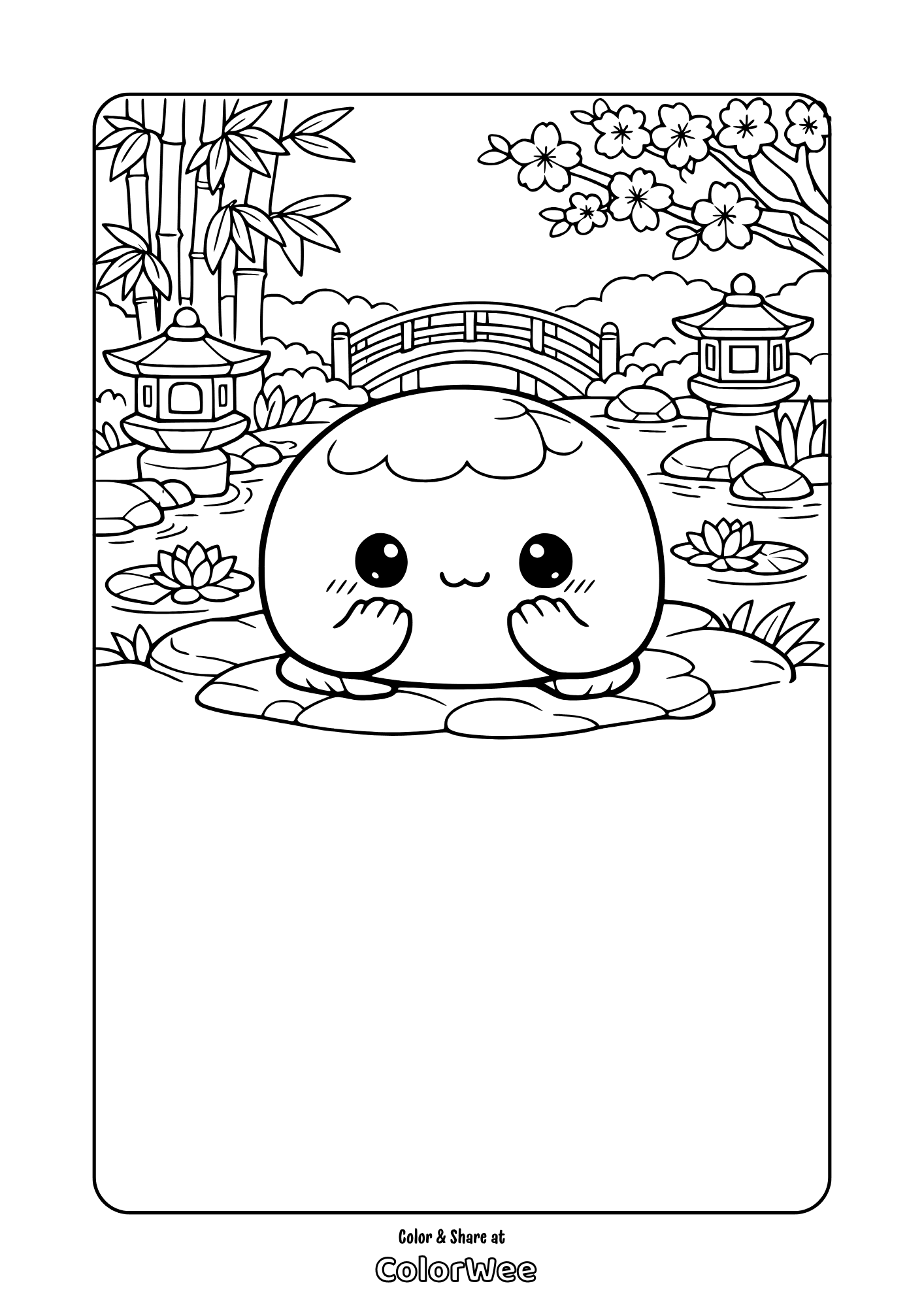 Kawaii ice cream in Japanese garden coloring page with bridge and lotus pond