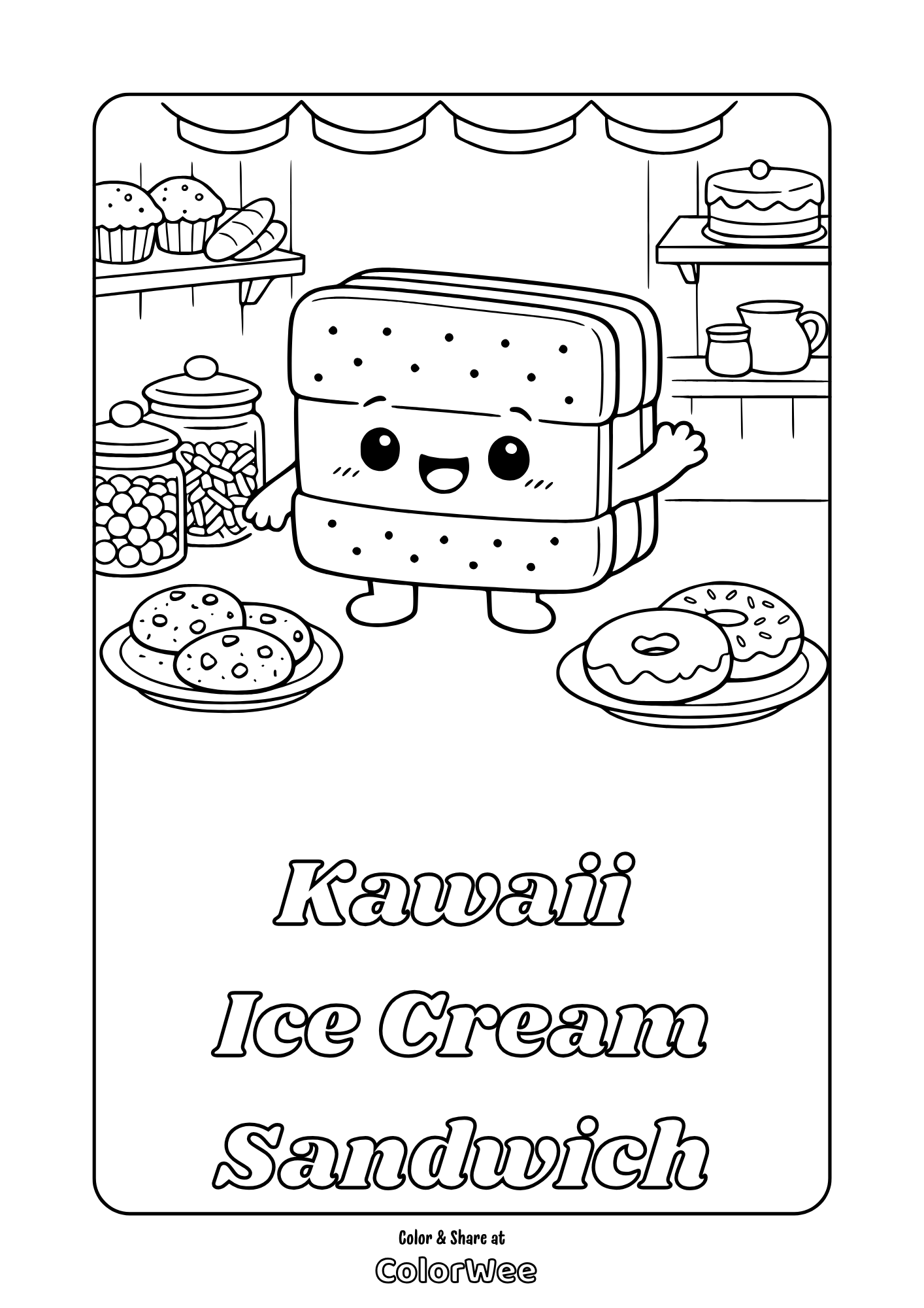 Kawaii ice cream sandwich bakery coloring page for kids