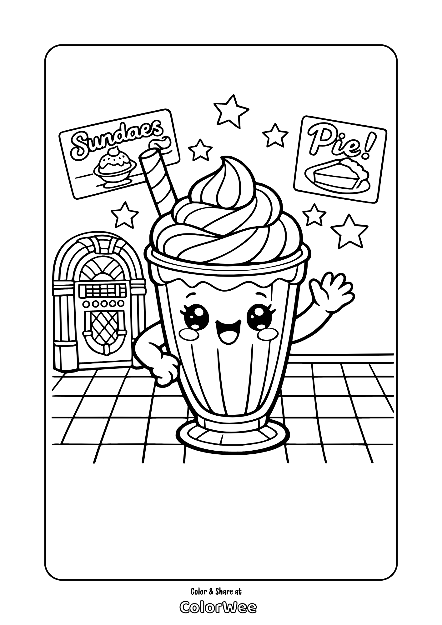 Cute milkshake at retro diner coloring page with jukebox, stars, and signs