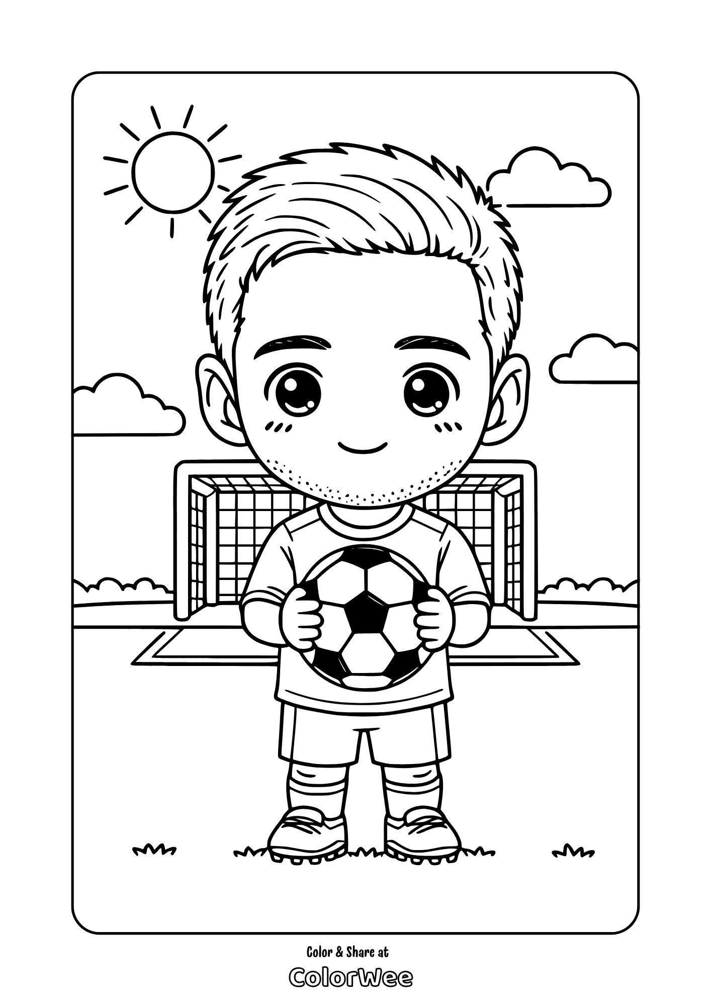 Kawaii Lionel Messi holding ball by goal coloring page for kids