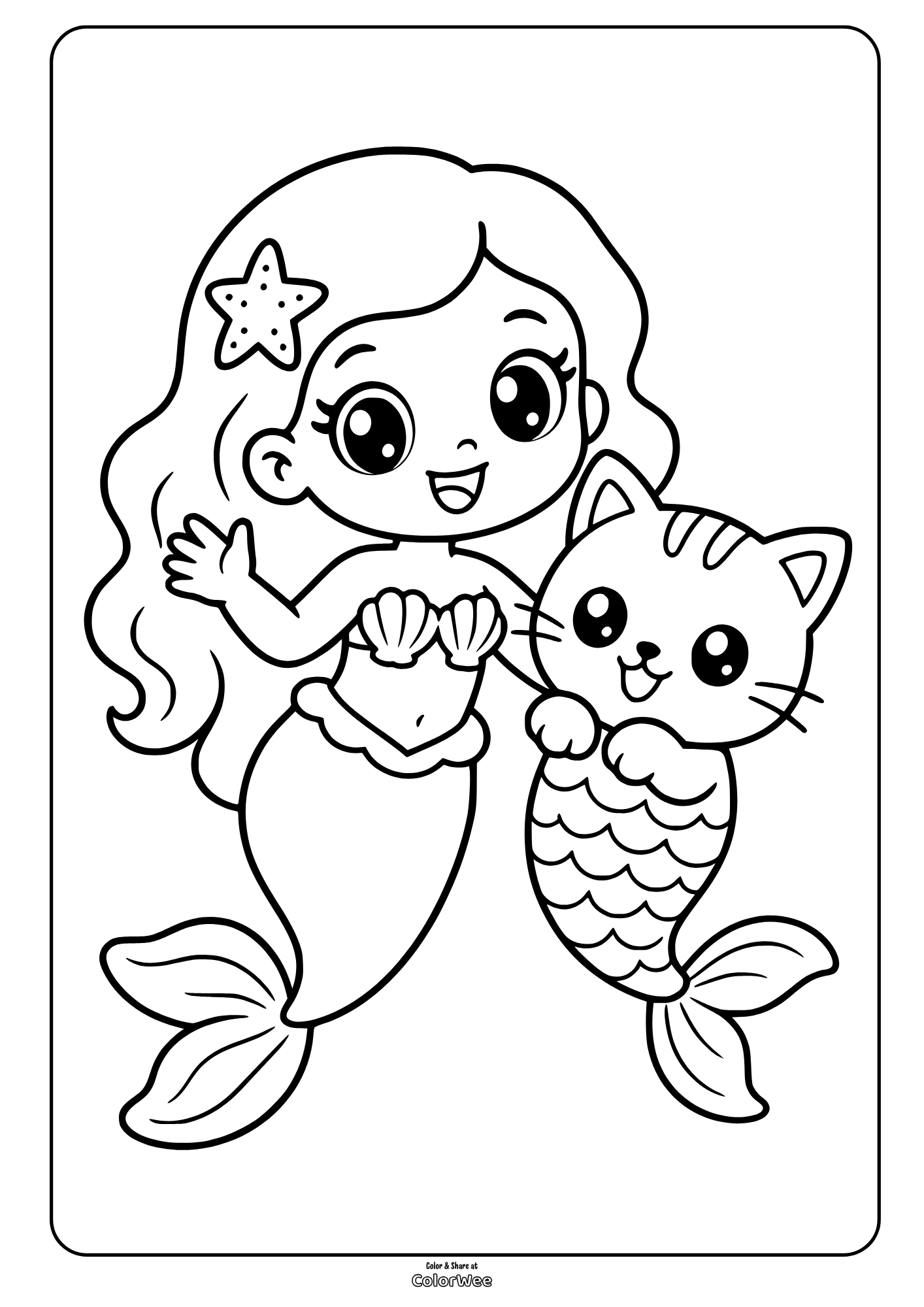 Smiling kawaii mermaid with starfish hair clip poses beside a friendly cat in this coloring picture