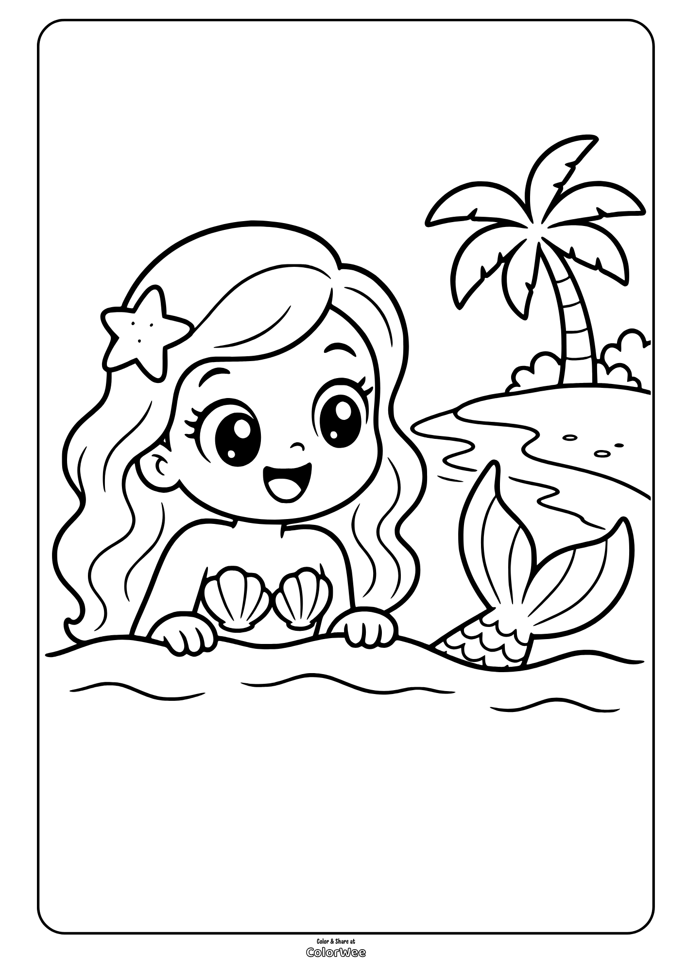 Smiling kawaii mermaid with a starfish hair accessory and seashells beside a palm tree, printable coloring page
