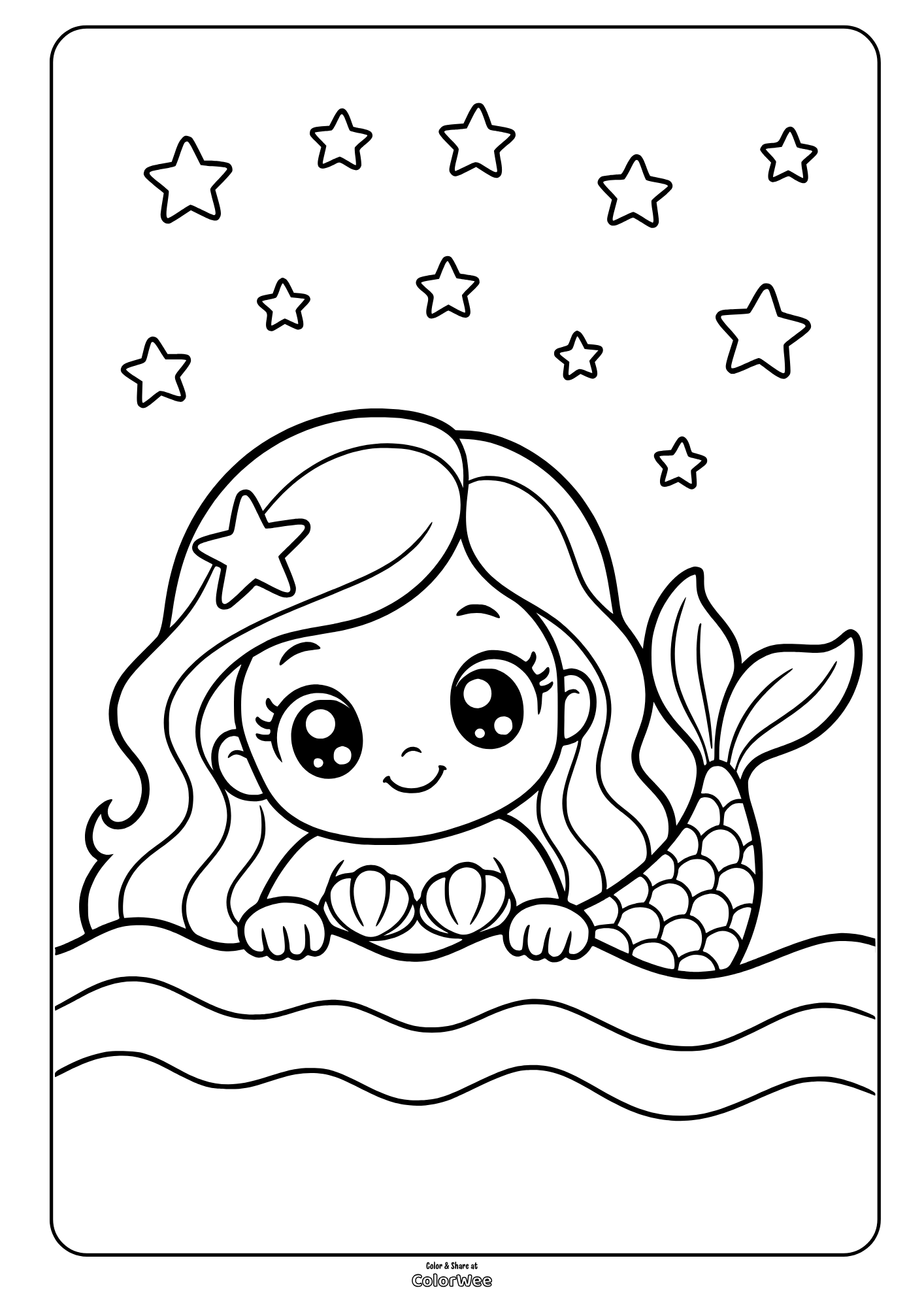 Cute mermaid sitting on ocean waves beneath stars, coloring sheet illustration