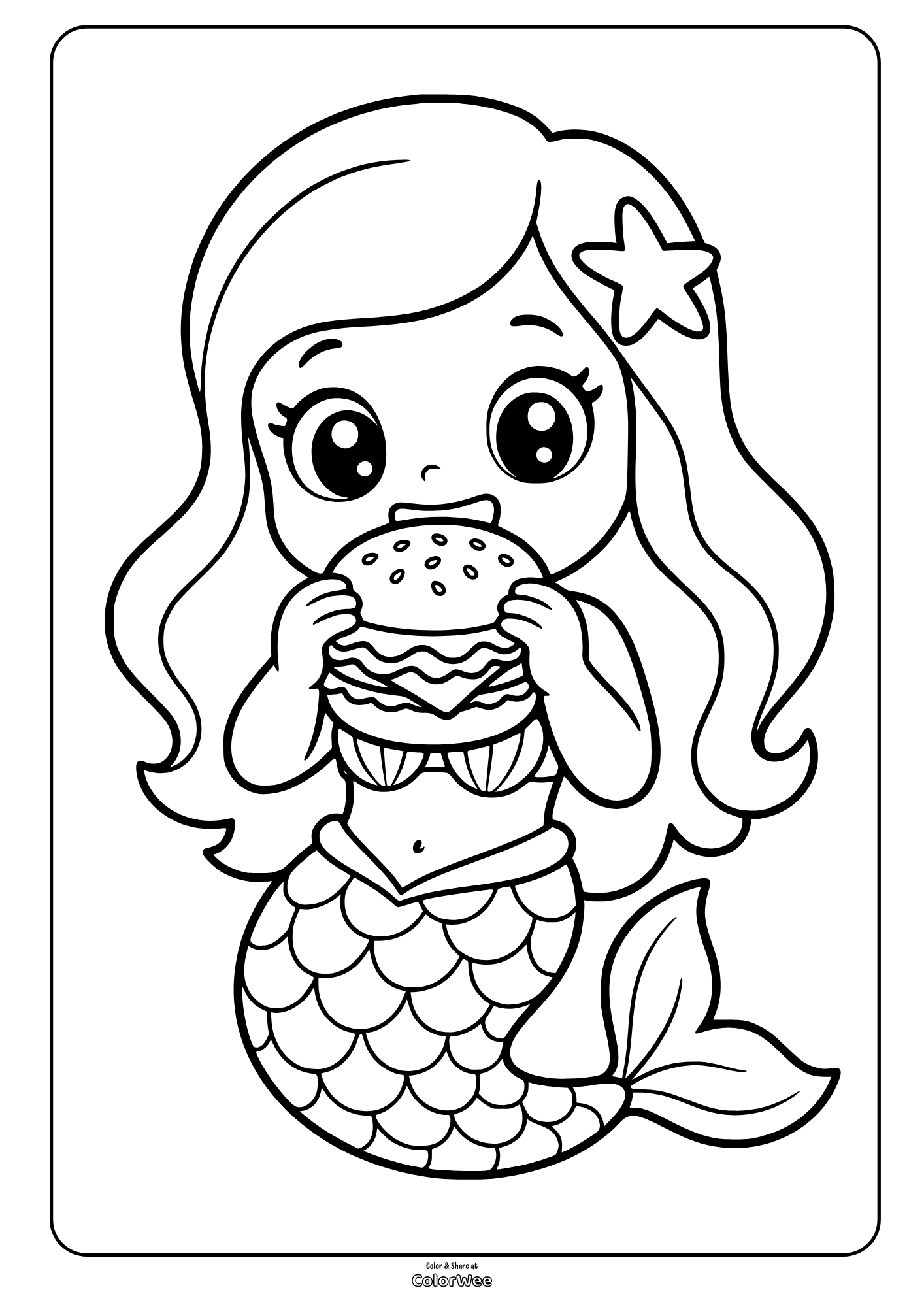 Mermaid kawaii girl holding a layered burger, with long hair, star accessory, and fish tail coloring sheet