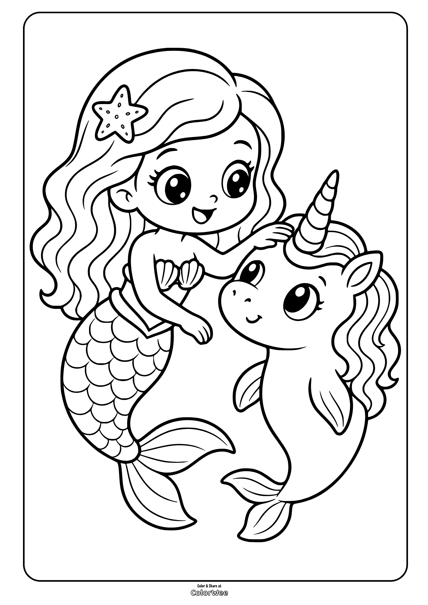 Mermaid girl riding a smiling unicorn with flowing hair and a starfish accessory, coloring picture