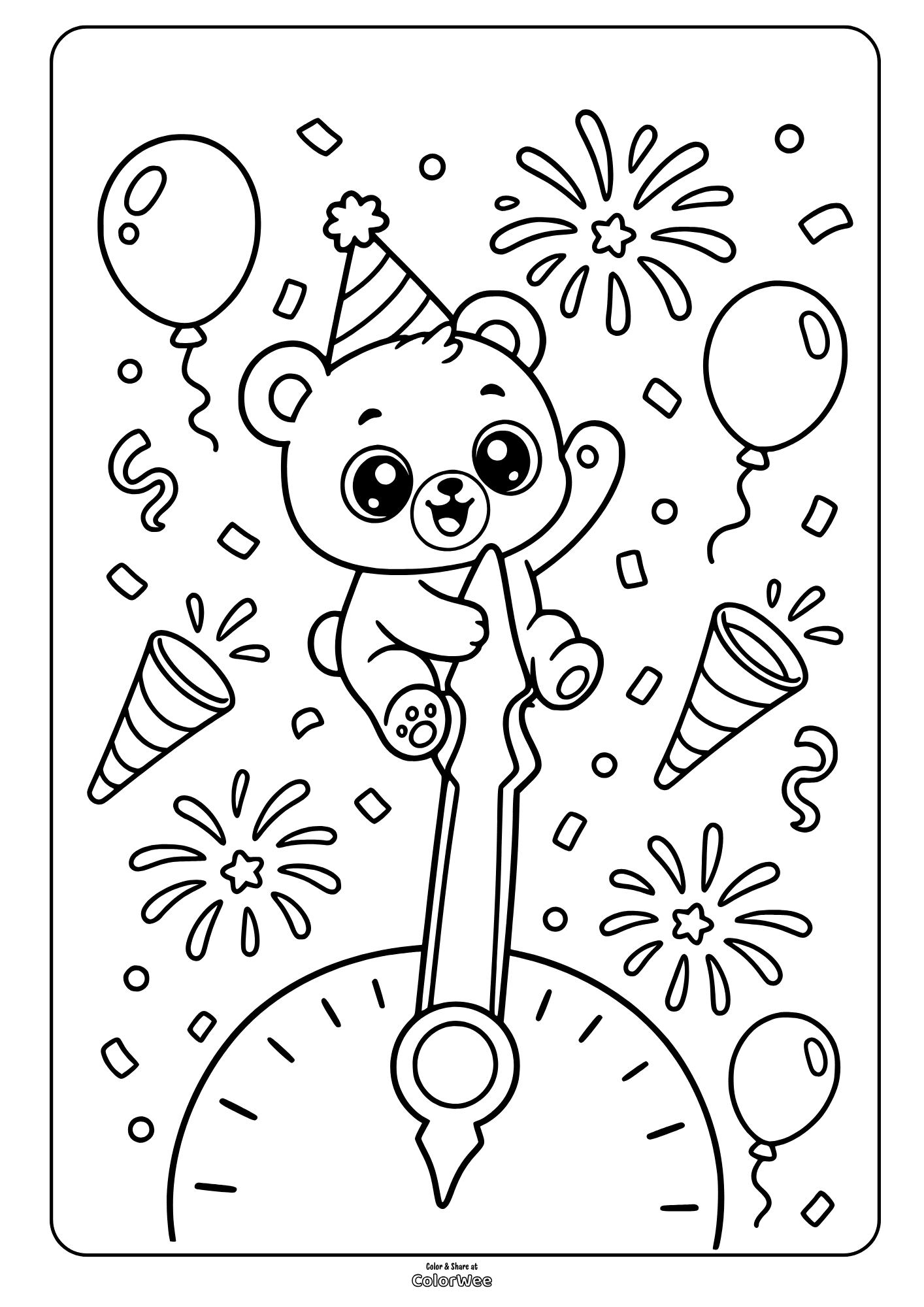 New Year teddy bear on clock with fireworks and balloons coloring sheet