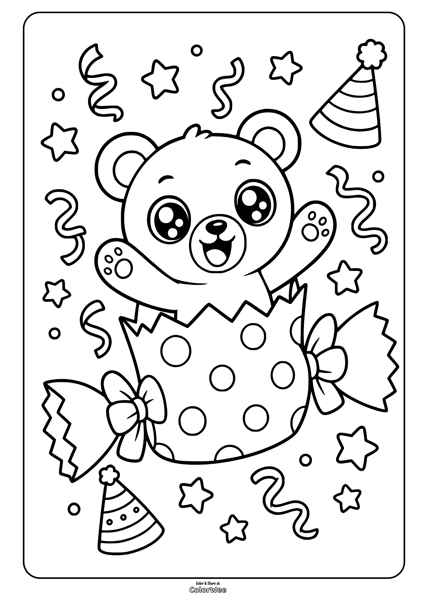 Party teddy bear coloring sheet with confetti, stars, and party hats