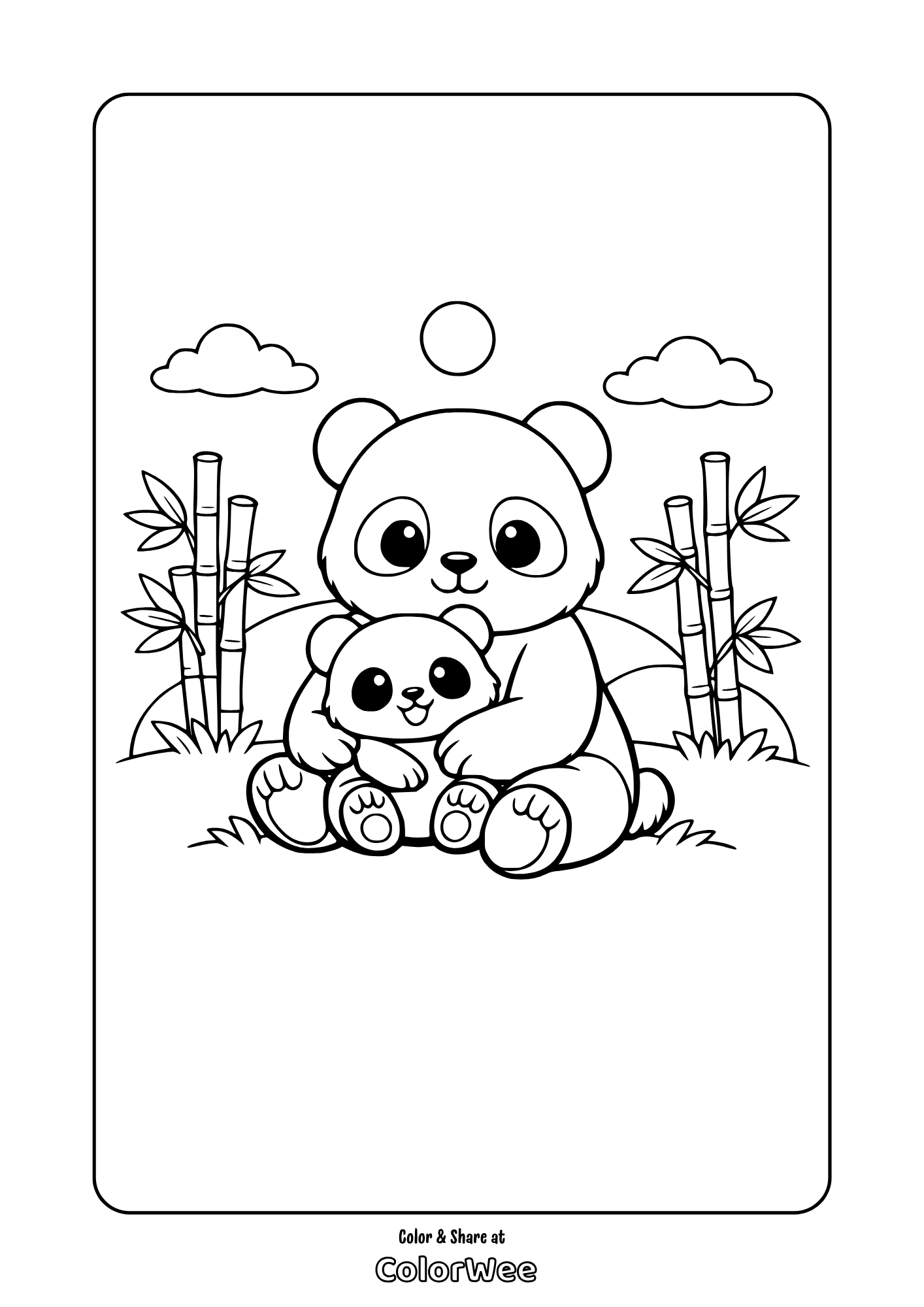 Printable panda mom and baby with bamboo coloring page.