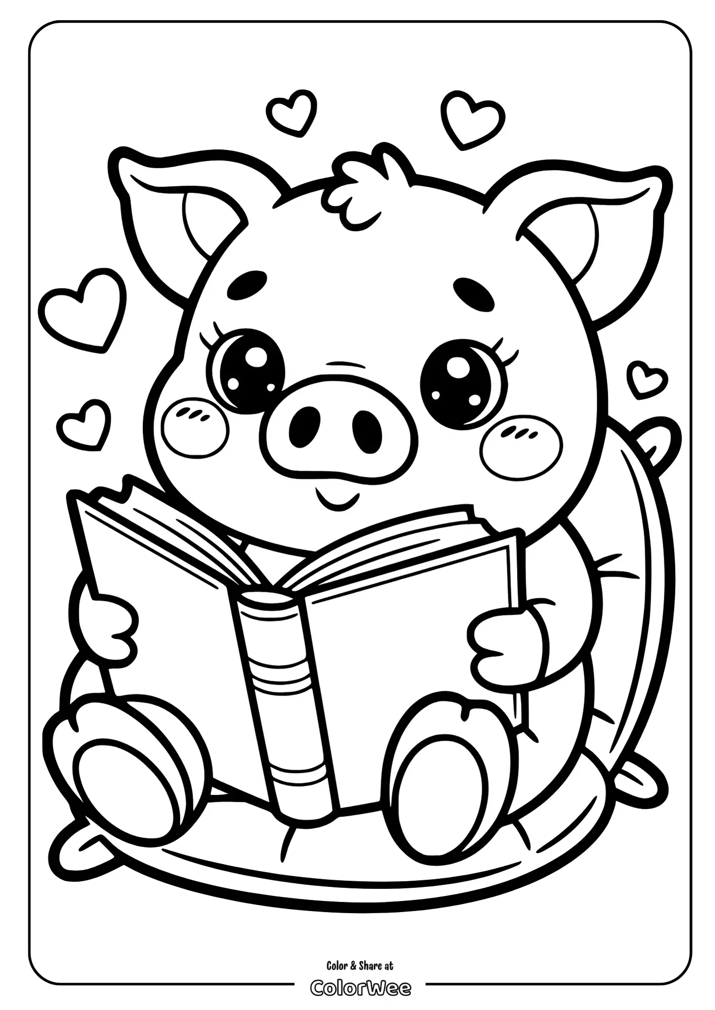 Kawaii piglet reading a book coloring page with hearts