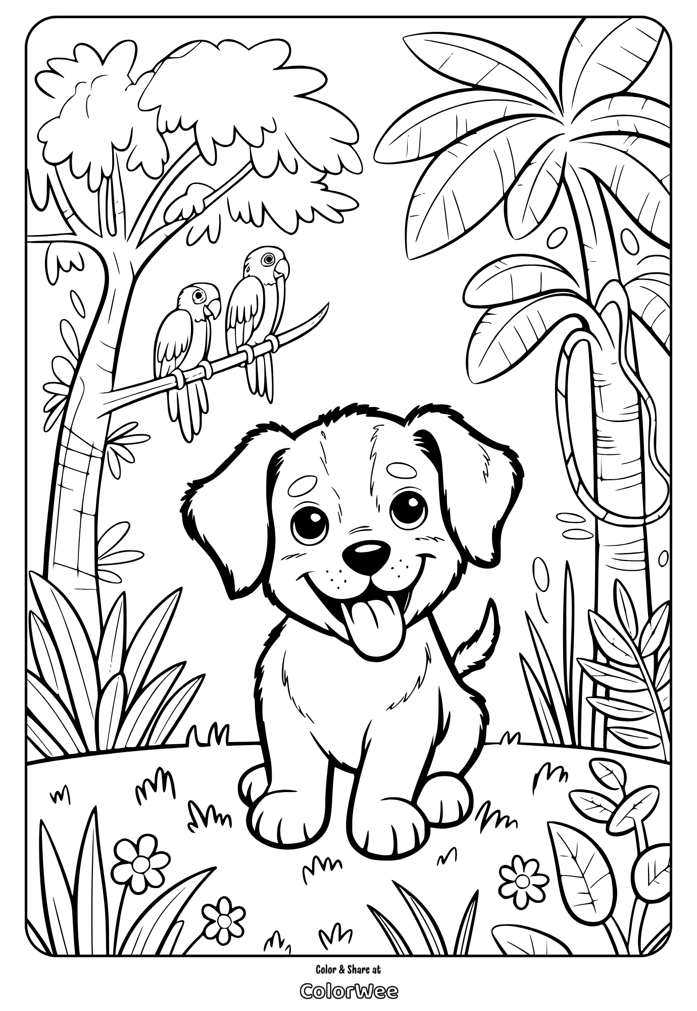 Cute puppy in a jungle coloring page with parrots in trees.