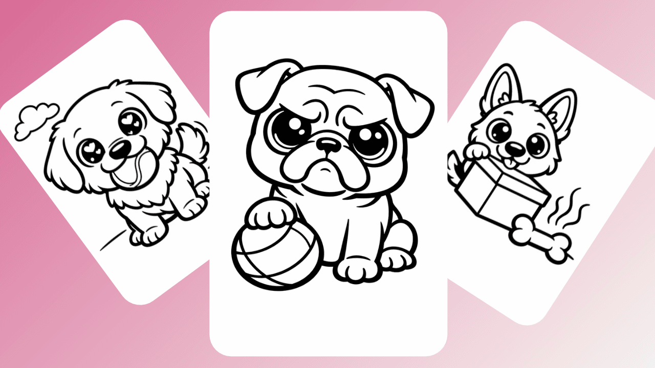 Cute kawaii puppy dogs coloring pages: pug, golden retriever, husky