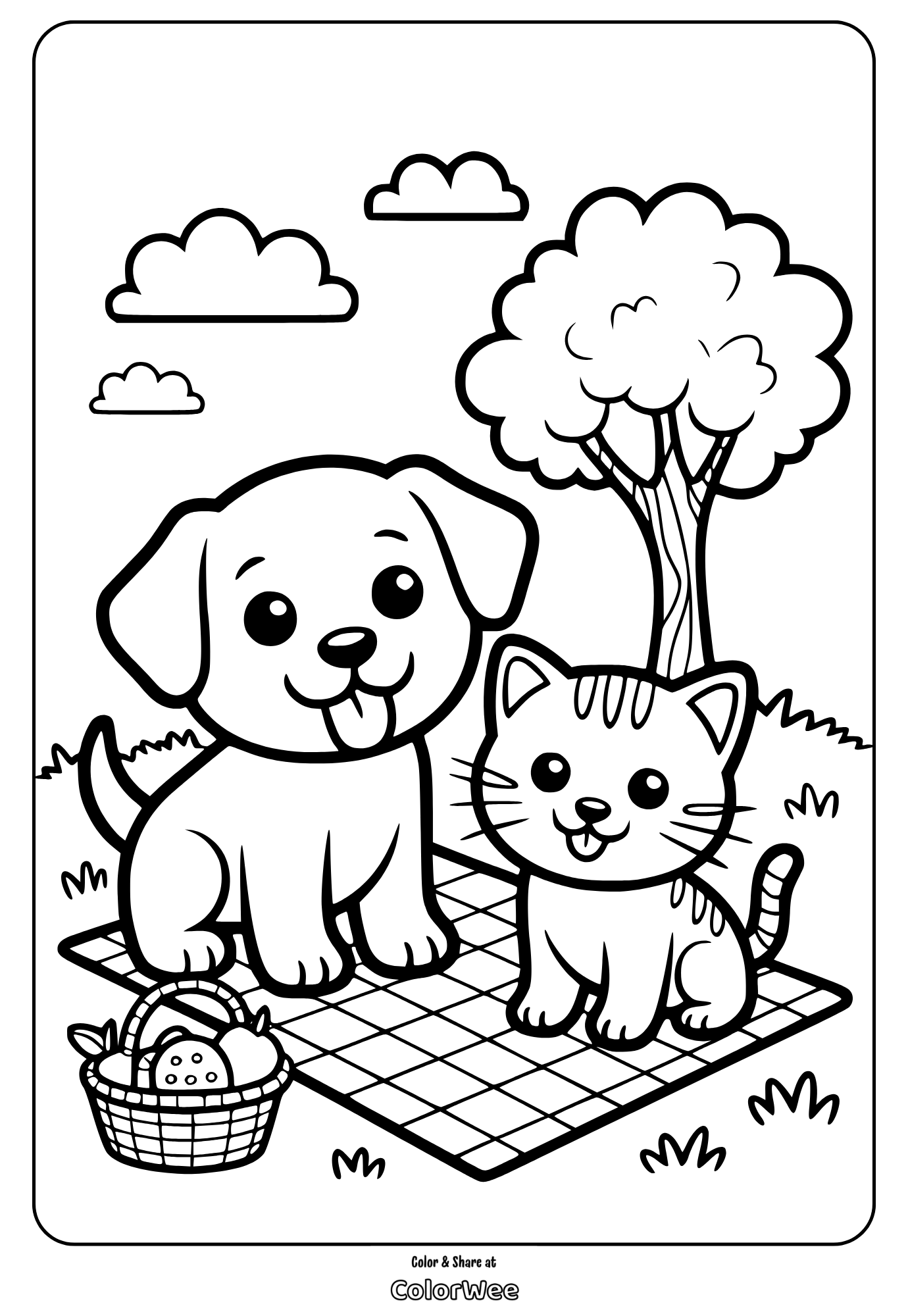 Dog and cat picnic coloring page with tree and basket.