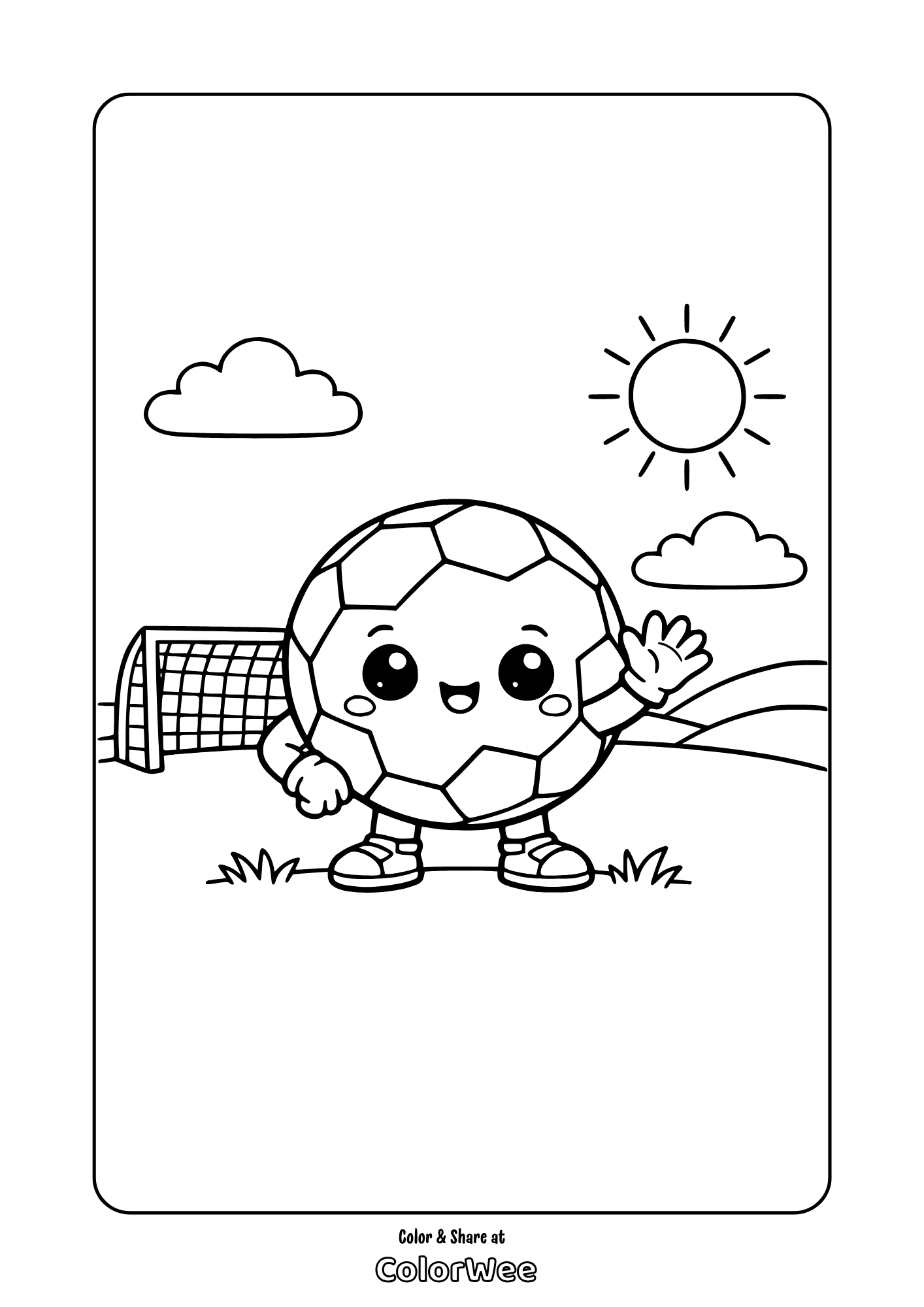 Cute soccer ball waving by goal, sunny field coloring page