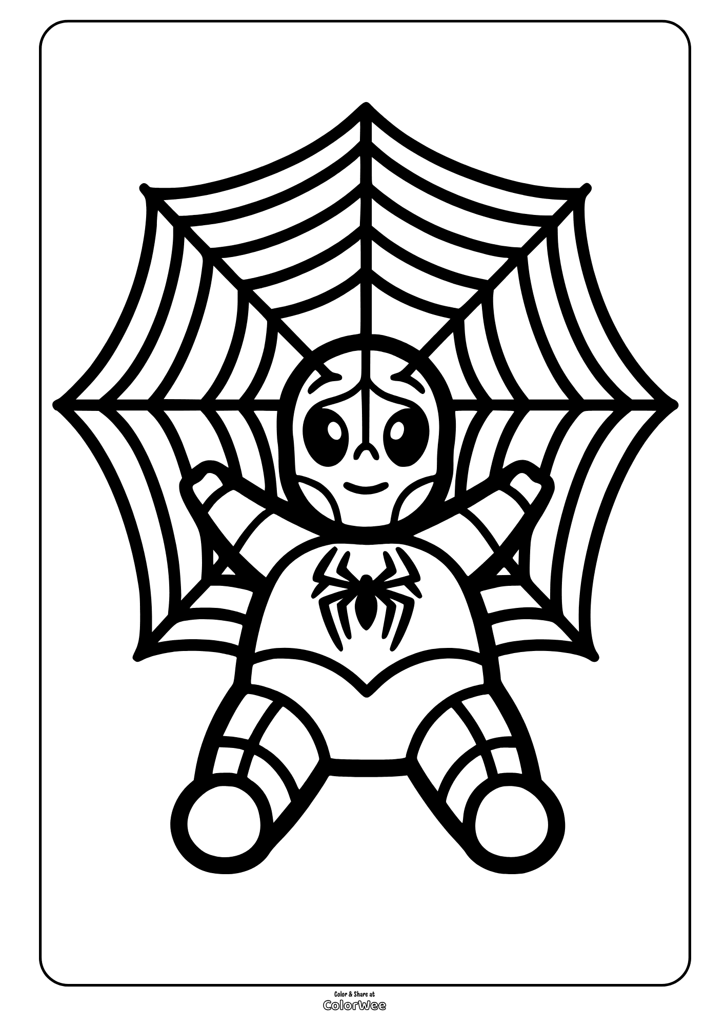 Cute baby spider superhero on spiderweb coloring sheet for kids