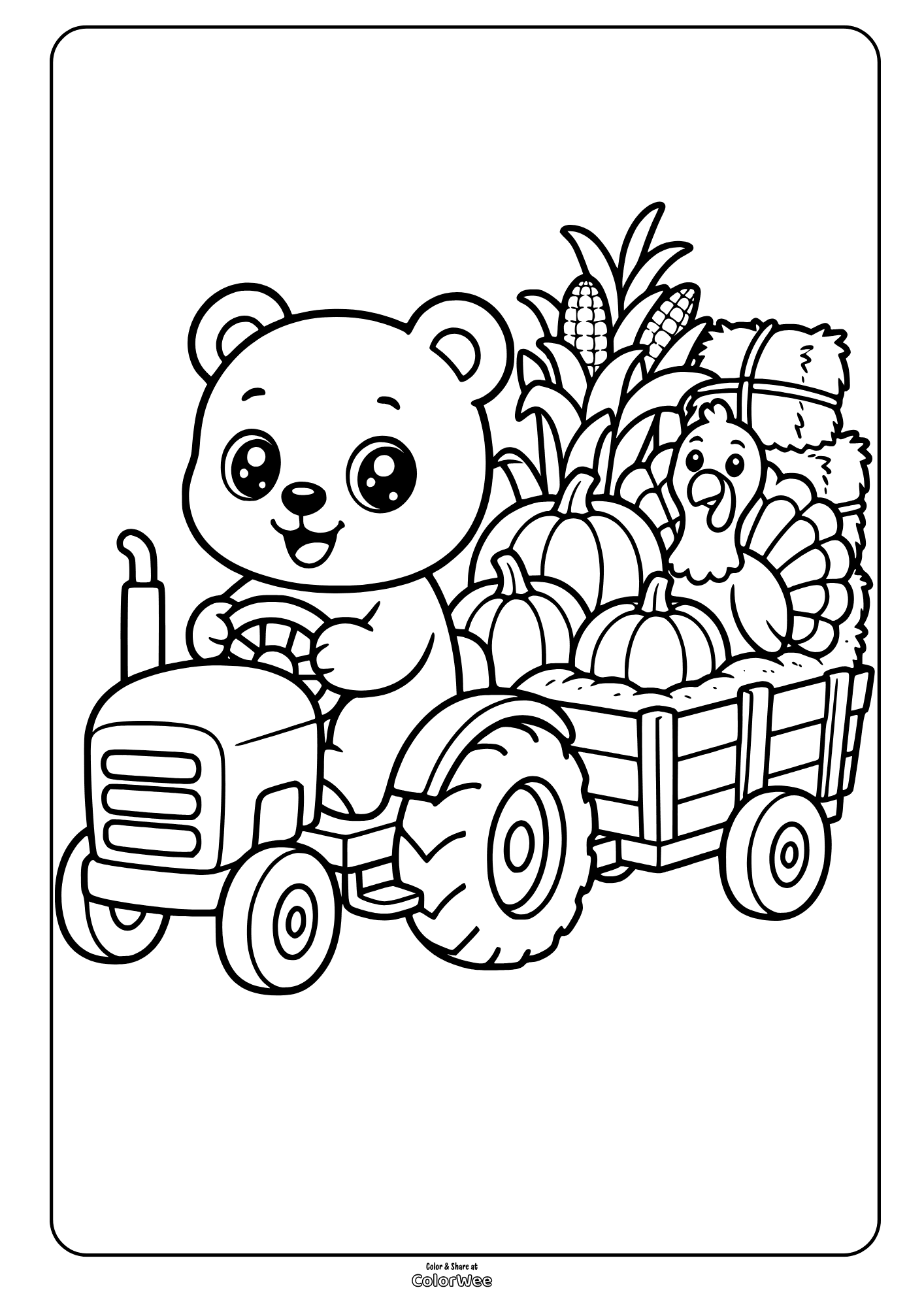 Farm coloring sheet: bear on tractor with pumpkins, corn, hay, and turkey