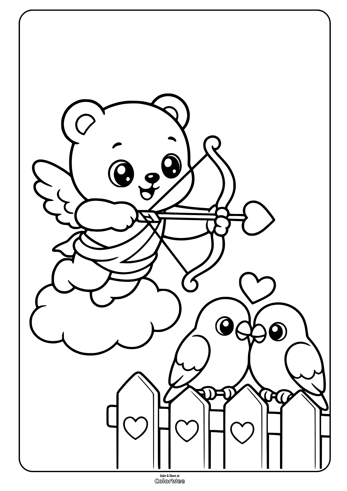 Valentine cupid bear and lovebirds coloring sheet for kids