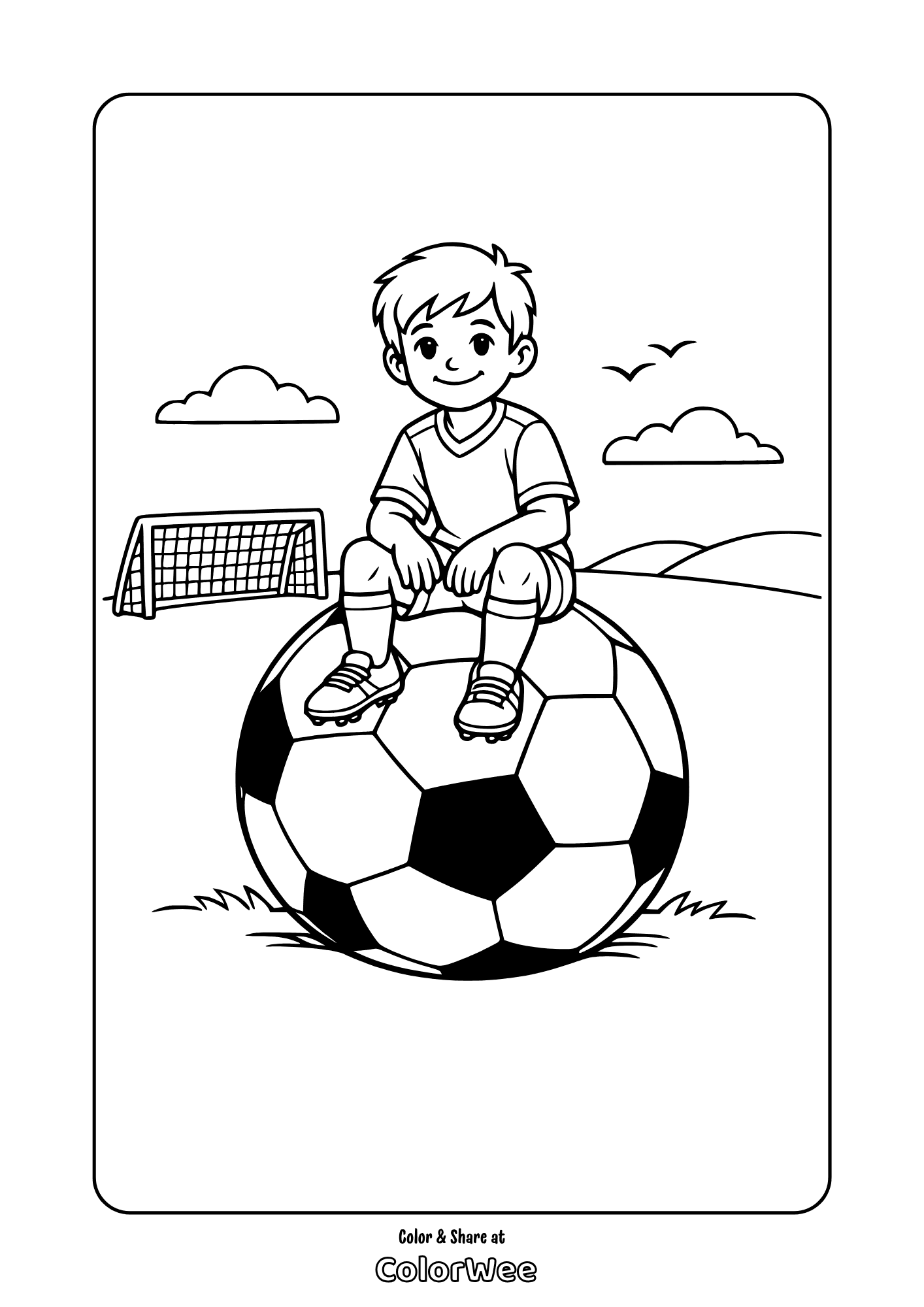 Soccer boy sitting on ball by goal coloring page for kids