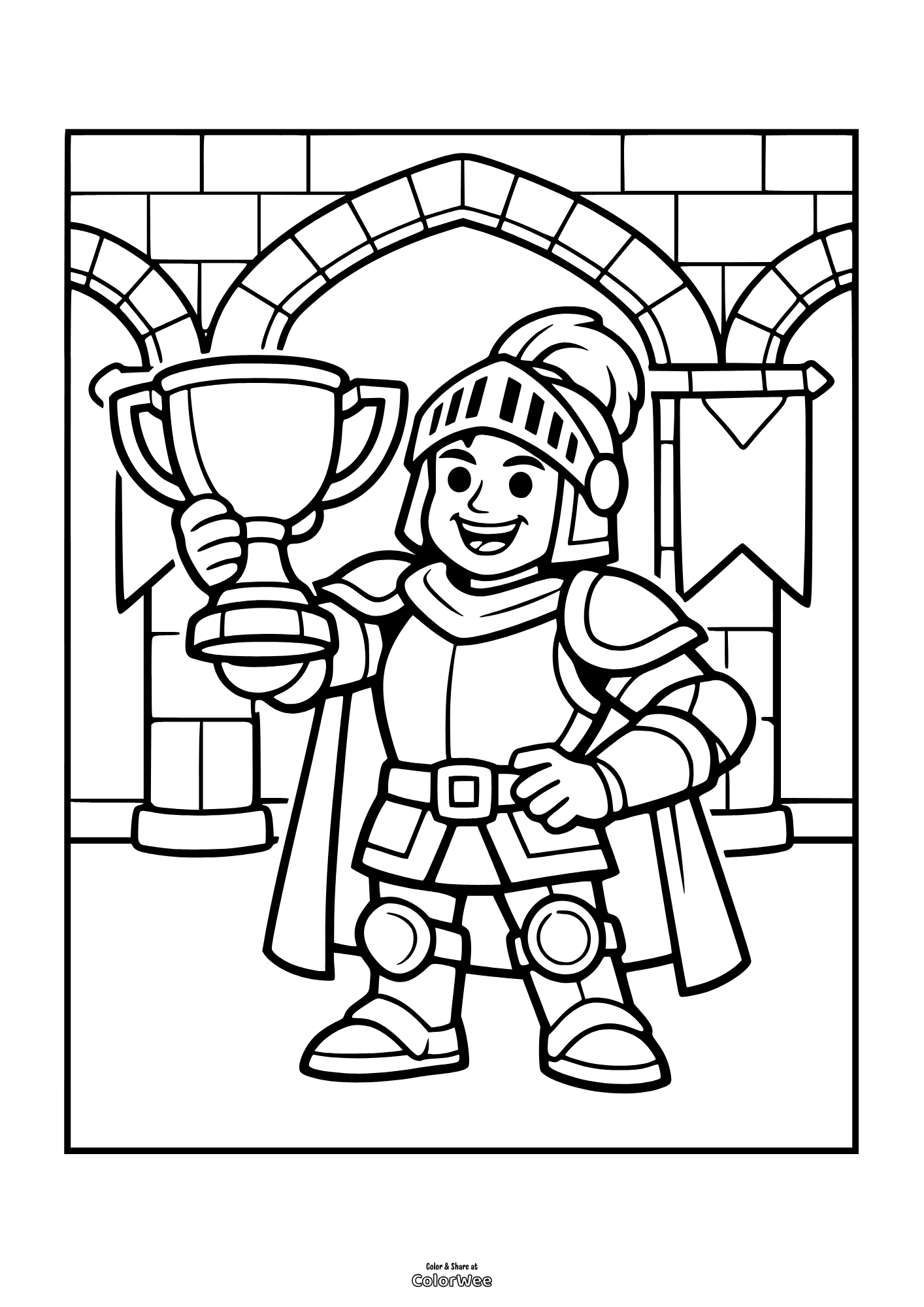Knight holding trophy in castle coloring sheet for kids