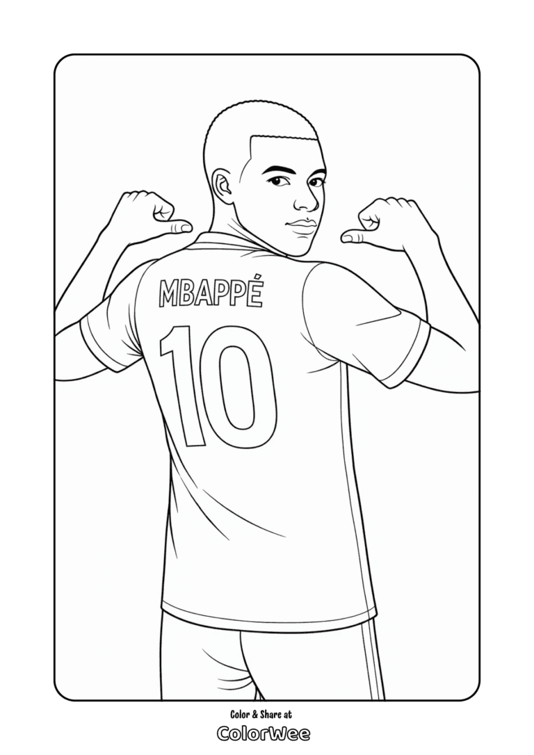 Kylian Mbappé number 10 flexing, jersey back coloring page
