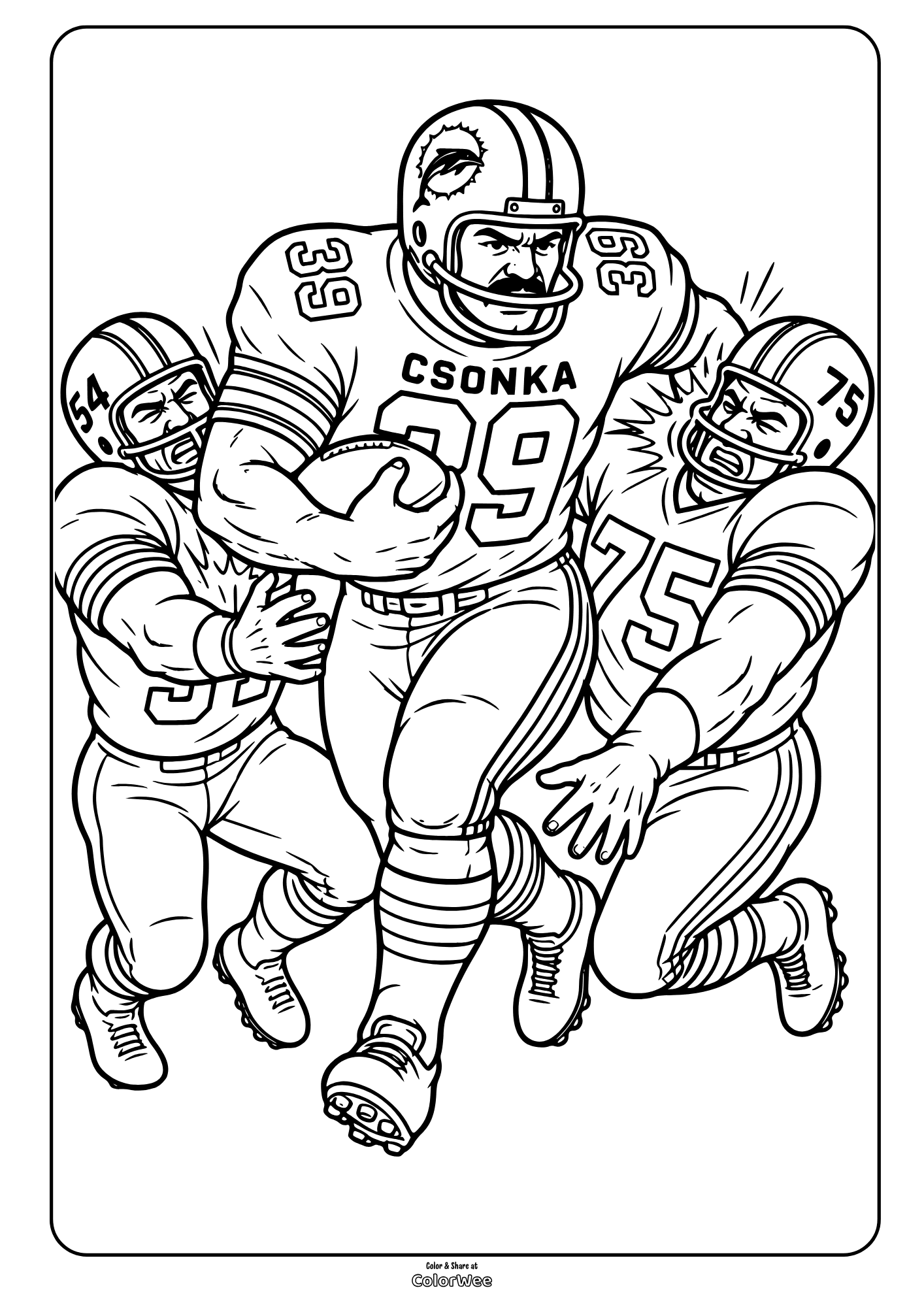 Football players in helmets surround a ball carrier in this dynamic coloring picture with Larry Csonka.