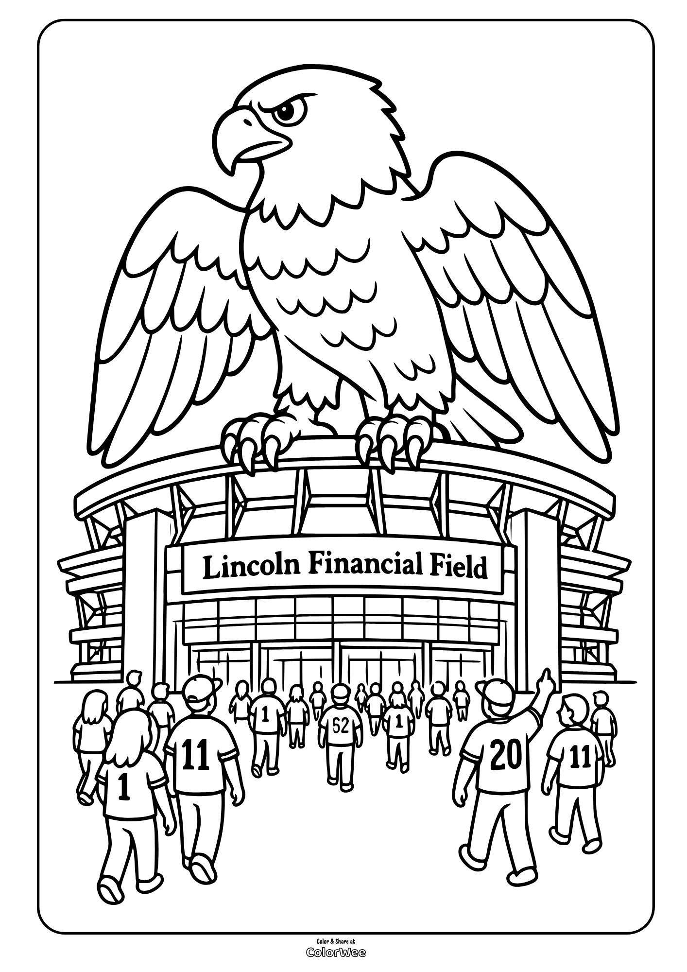 Eagle perched above a football stadium and cheering jersey-clad crowd, coloring picture