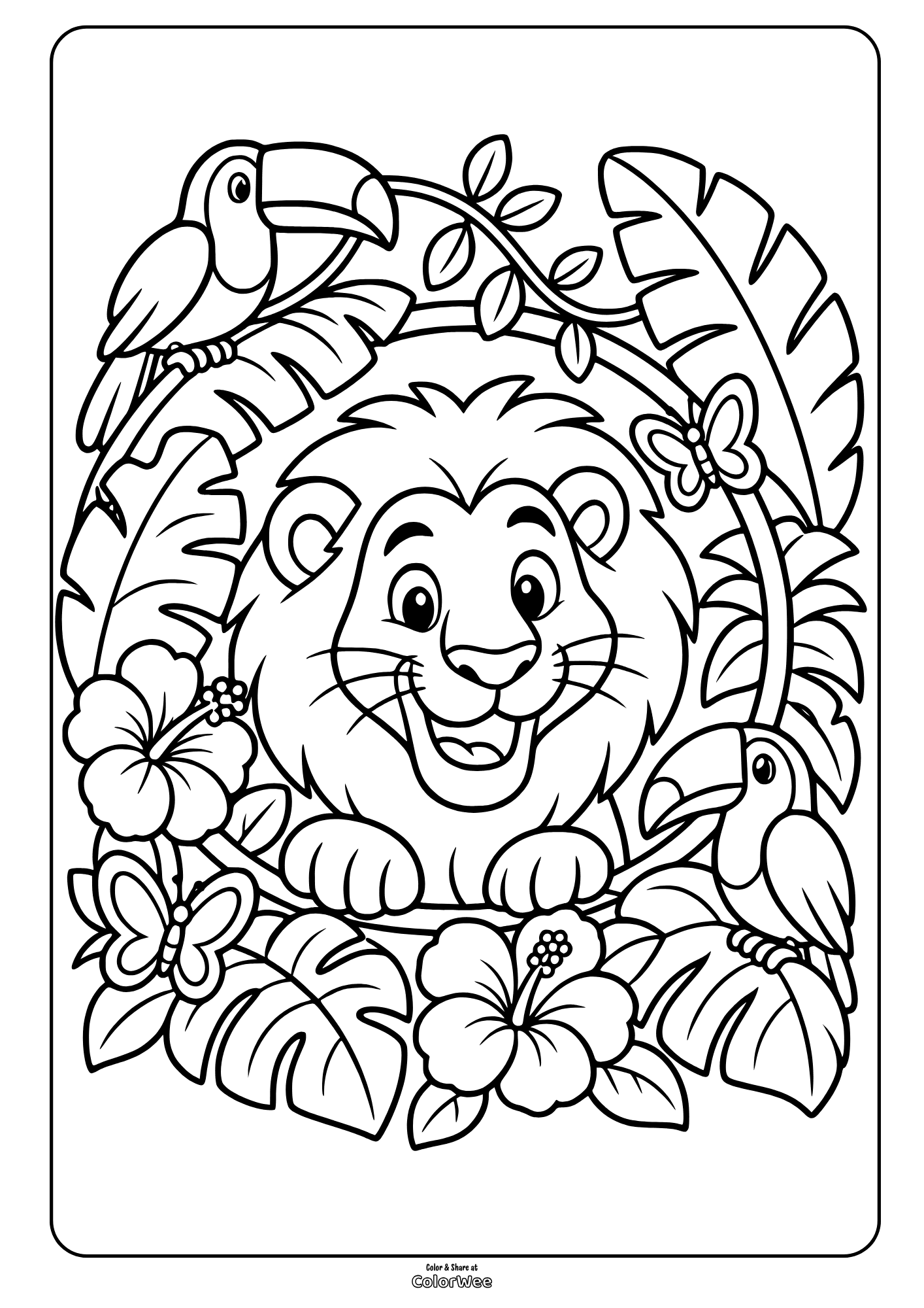 Jungle lion with toucans and butterflies coloring sheet for kids