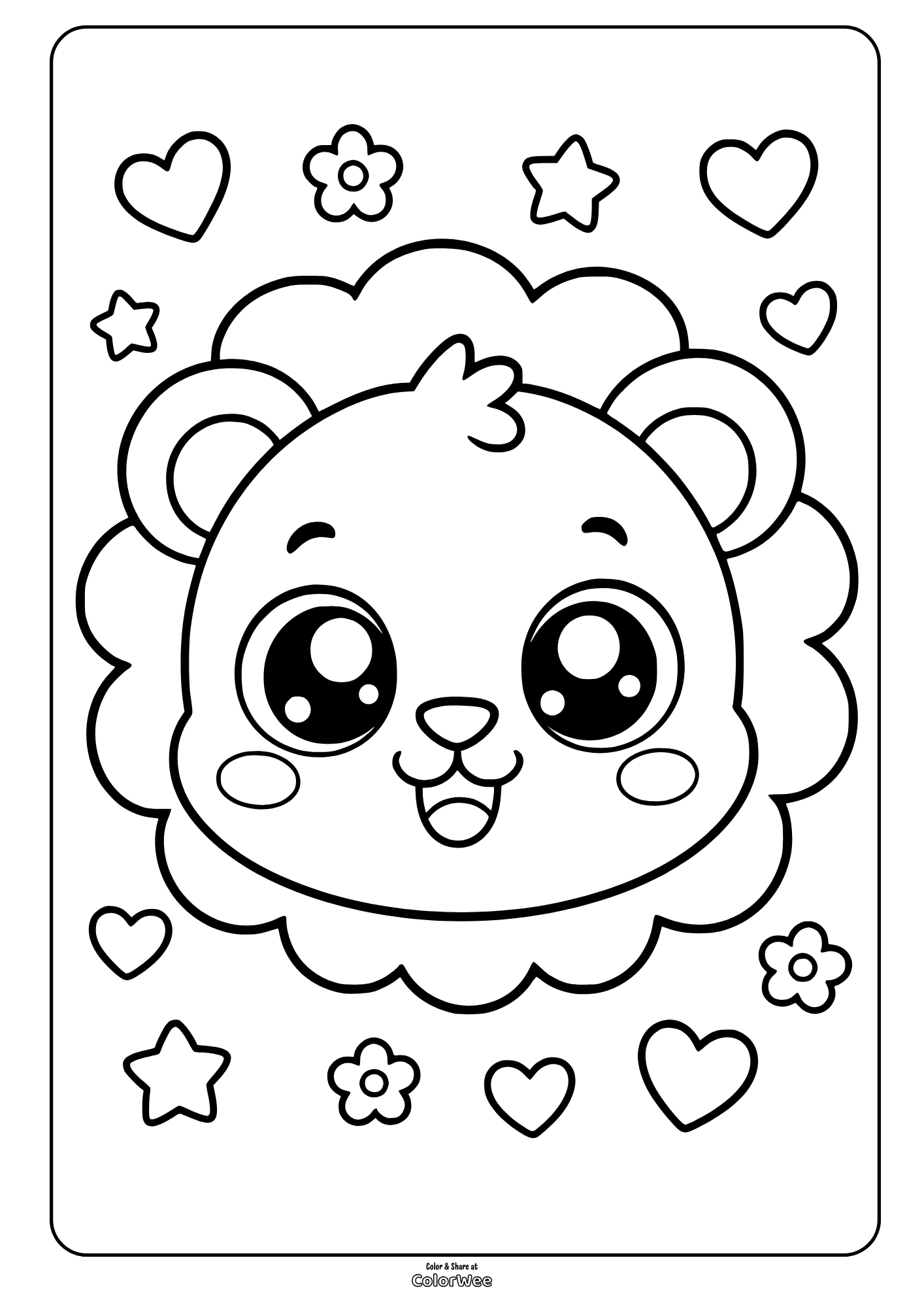 Cute lion face coloring sheet with hearts, stars, and flowers for kids