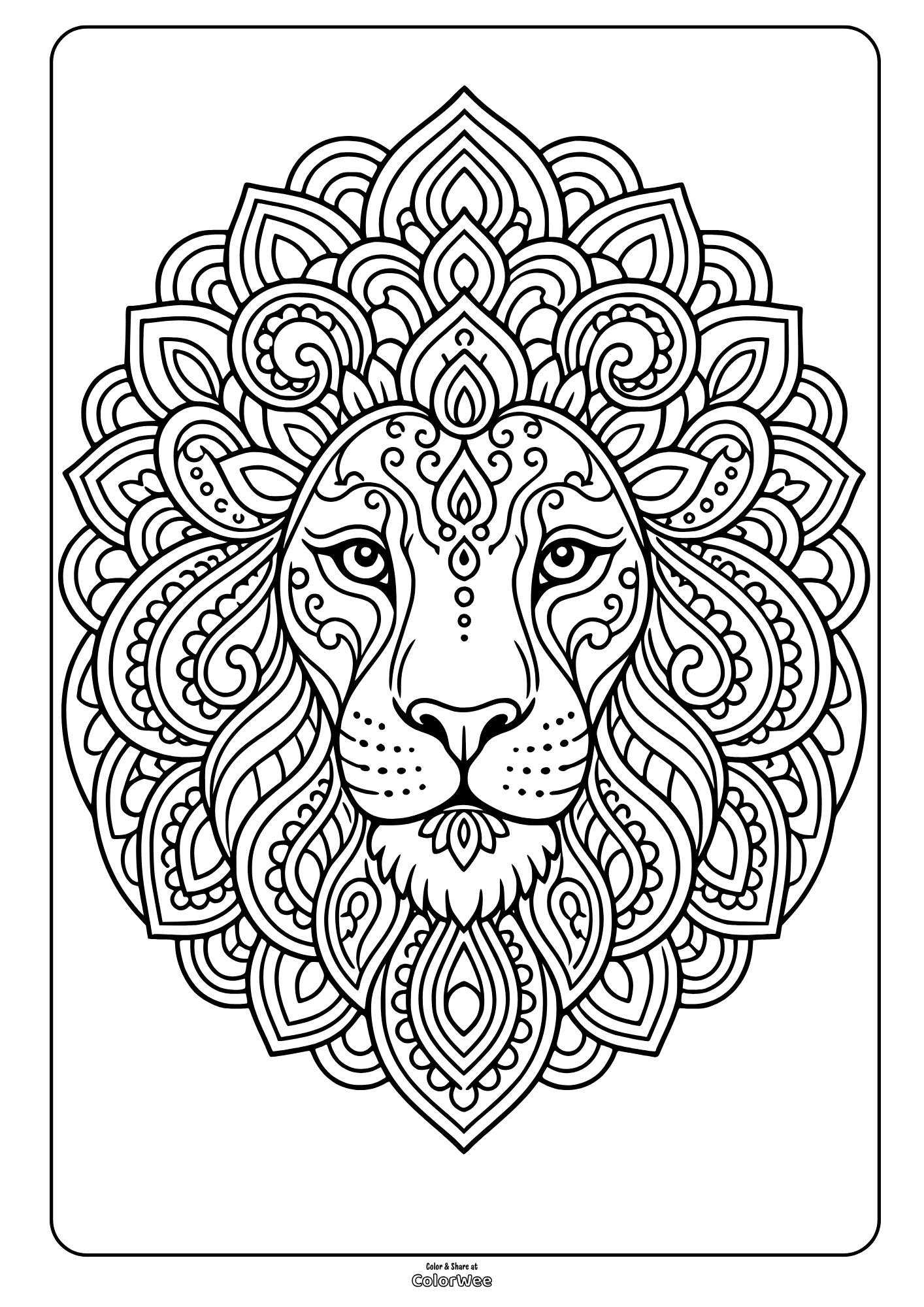 Printable intricate lion mandala coloring sheet for adults and kids