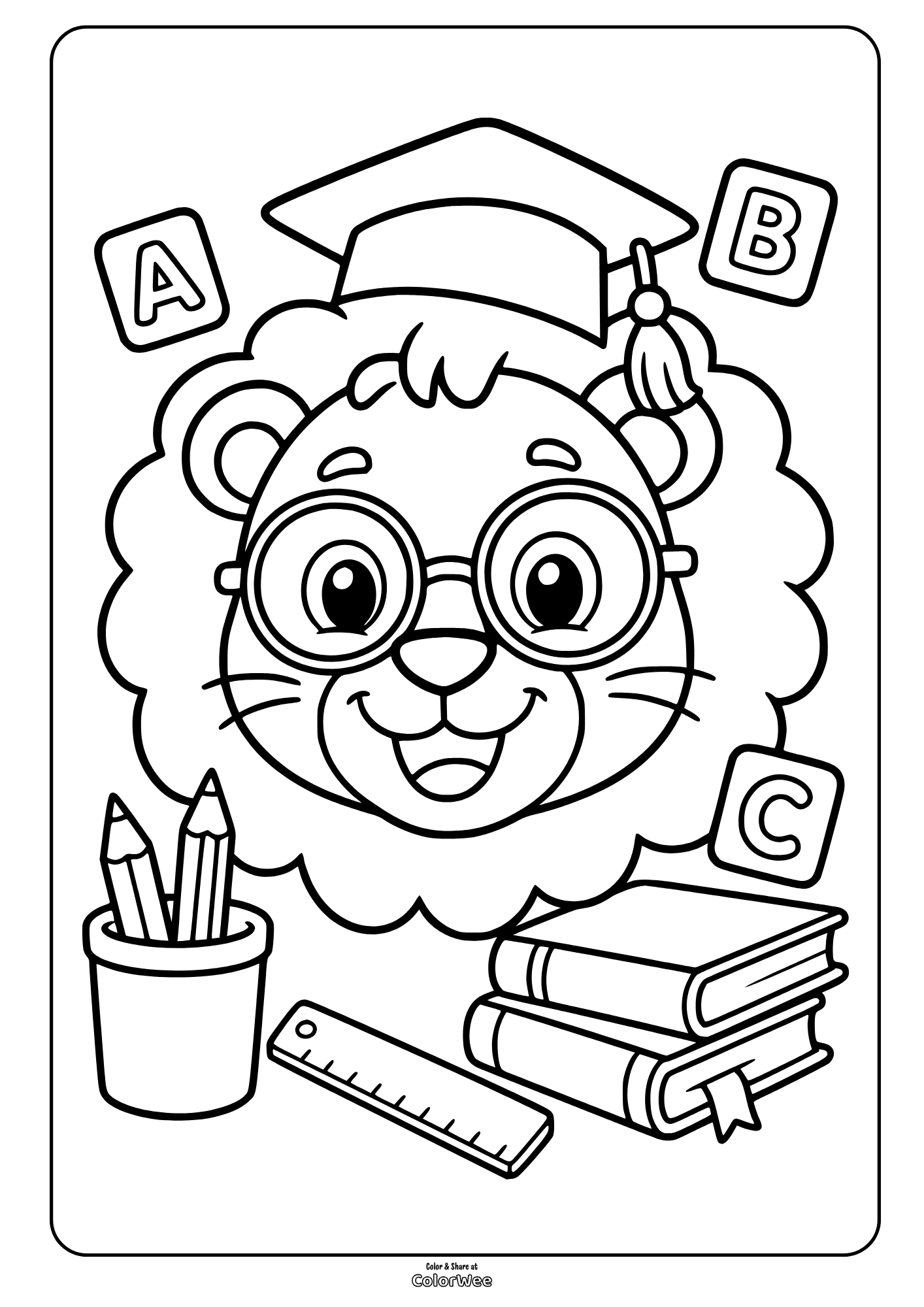 Kids back-to-school lion coloring sheet with ABC blocks, books, pencils, ruler
