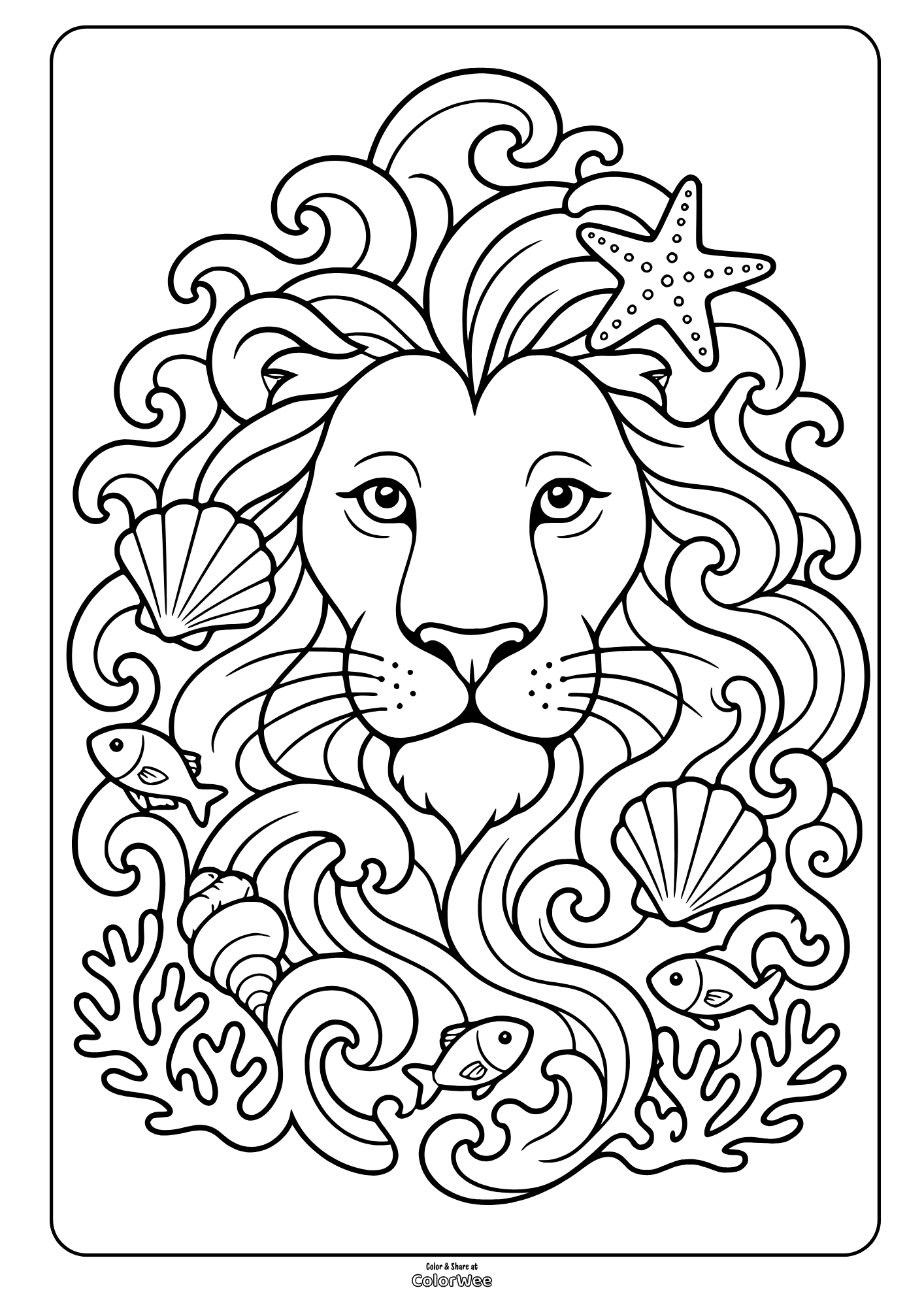 Underwater lion coloring sheet with fish, seashells, coral, and waves