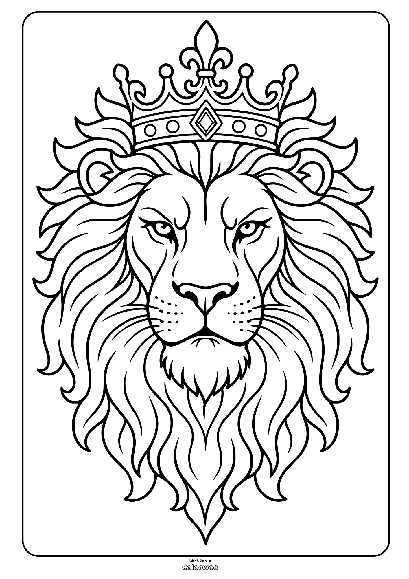 Crowned lion head coloring sheet, printable for kids and adults