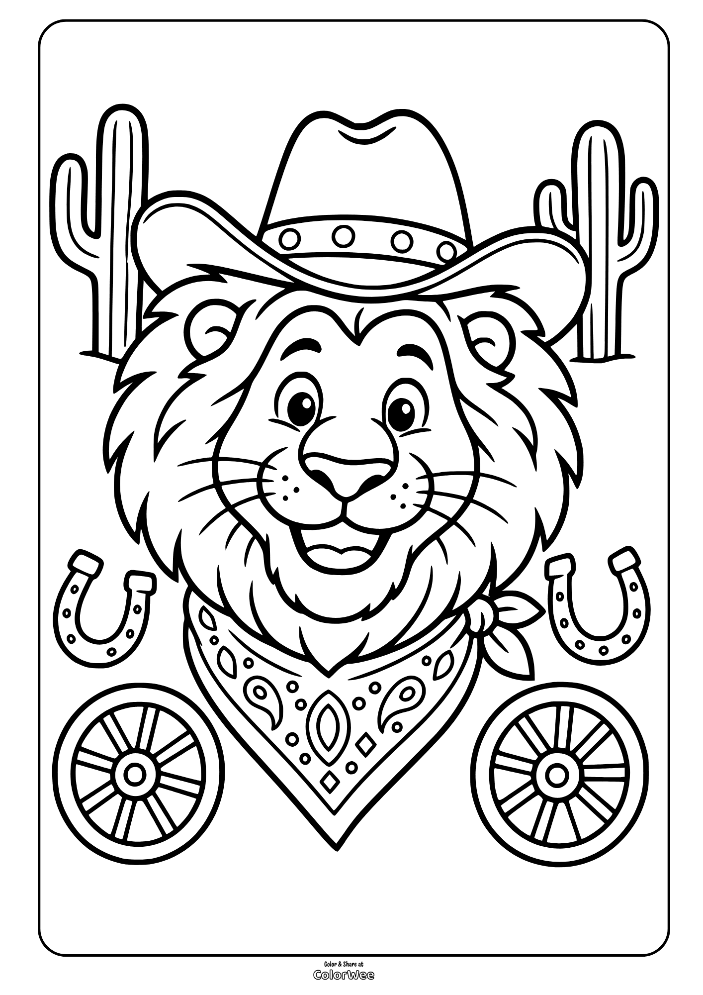 Cowboy lion coloring sheet with cacti, horseshoes, and wagon wheels