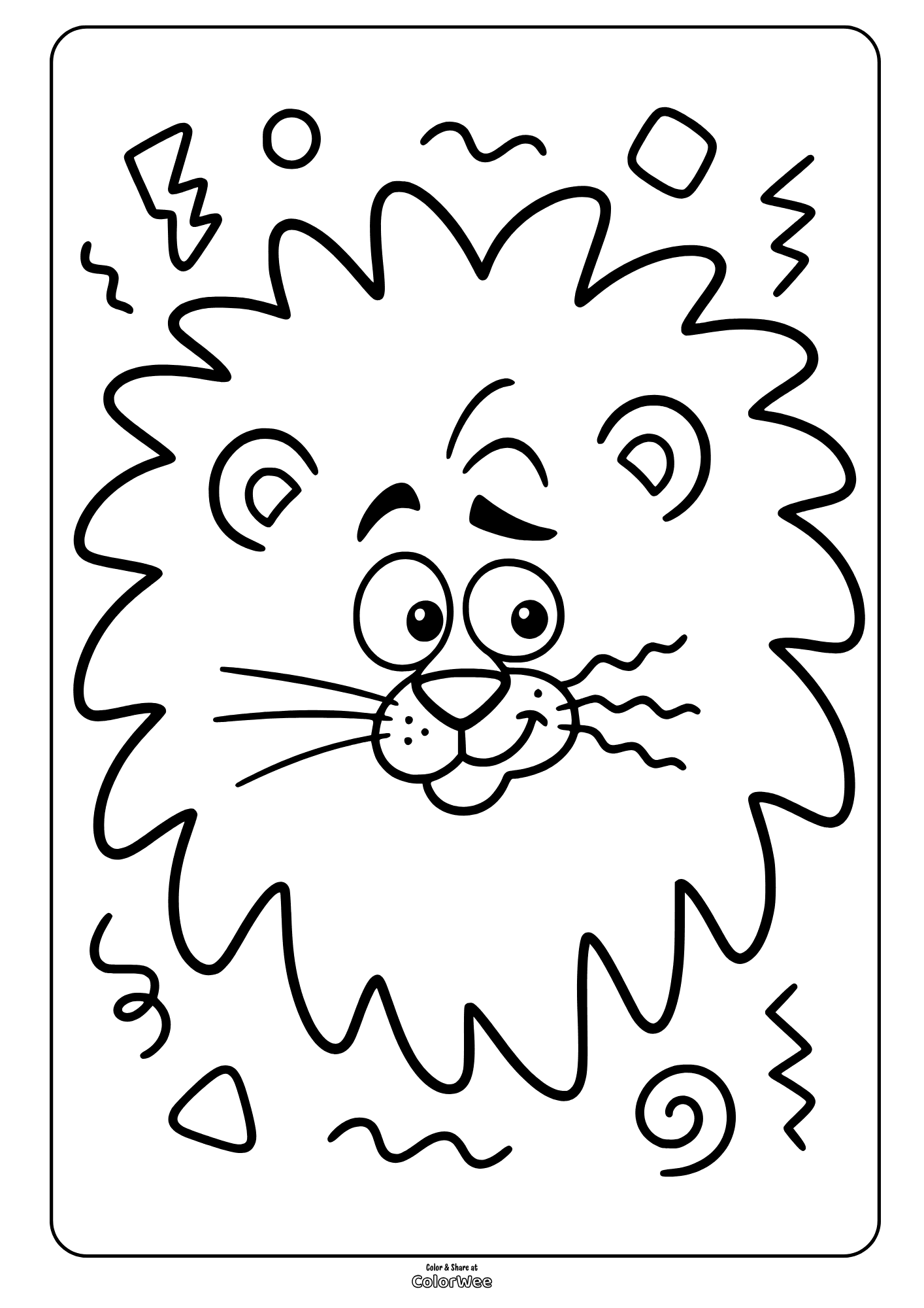 Smiling lion face coloring sheet for kids with big mane and doodles