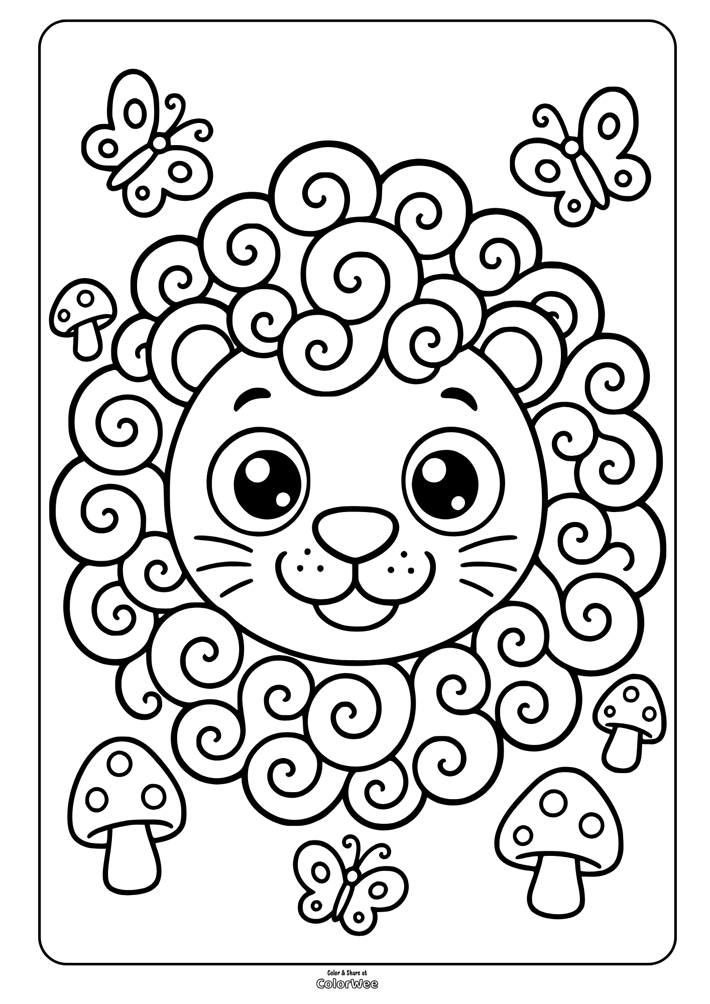 Cute lion coloring sheet with curly mane, butterflies, and mushrooms