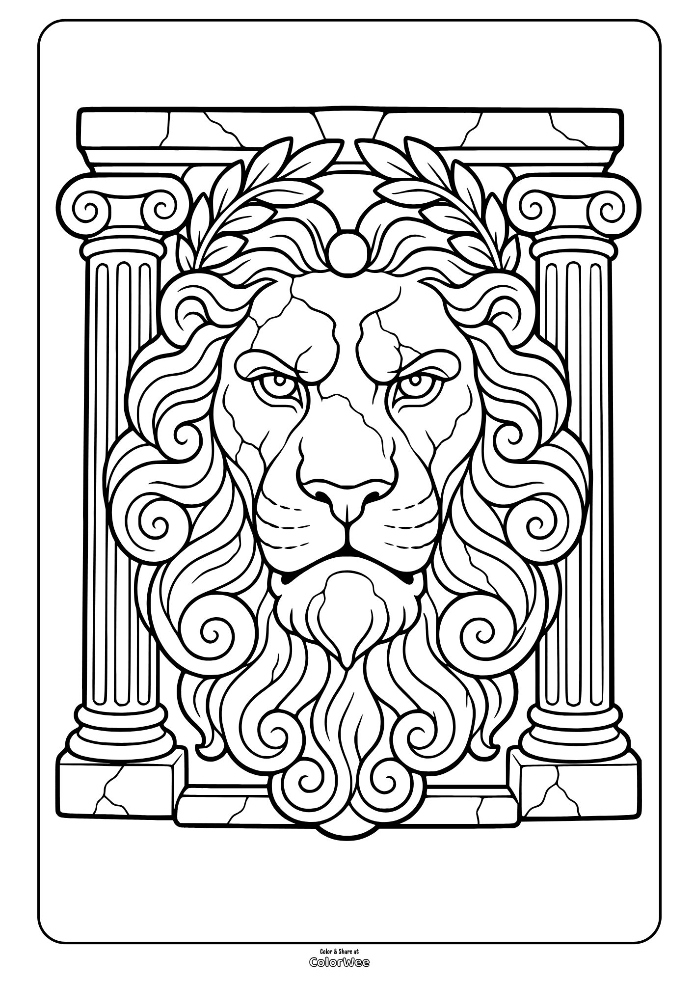 Intricate lion head with laurel and columns coloring sheet printable