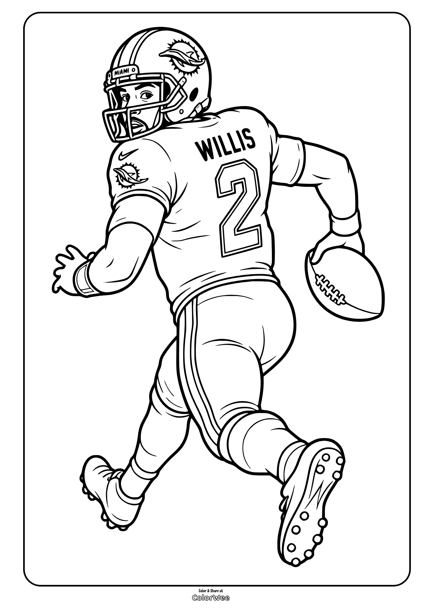 Football player Malik Willis wearing a helmet and uniform, reaching for a ball in a picture to color