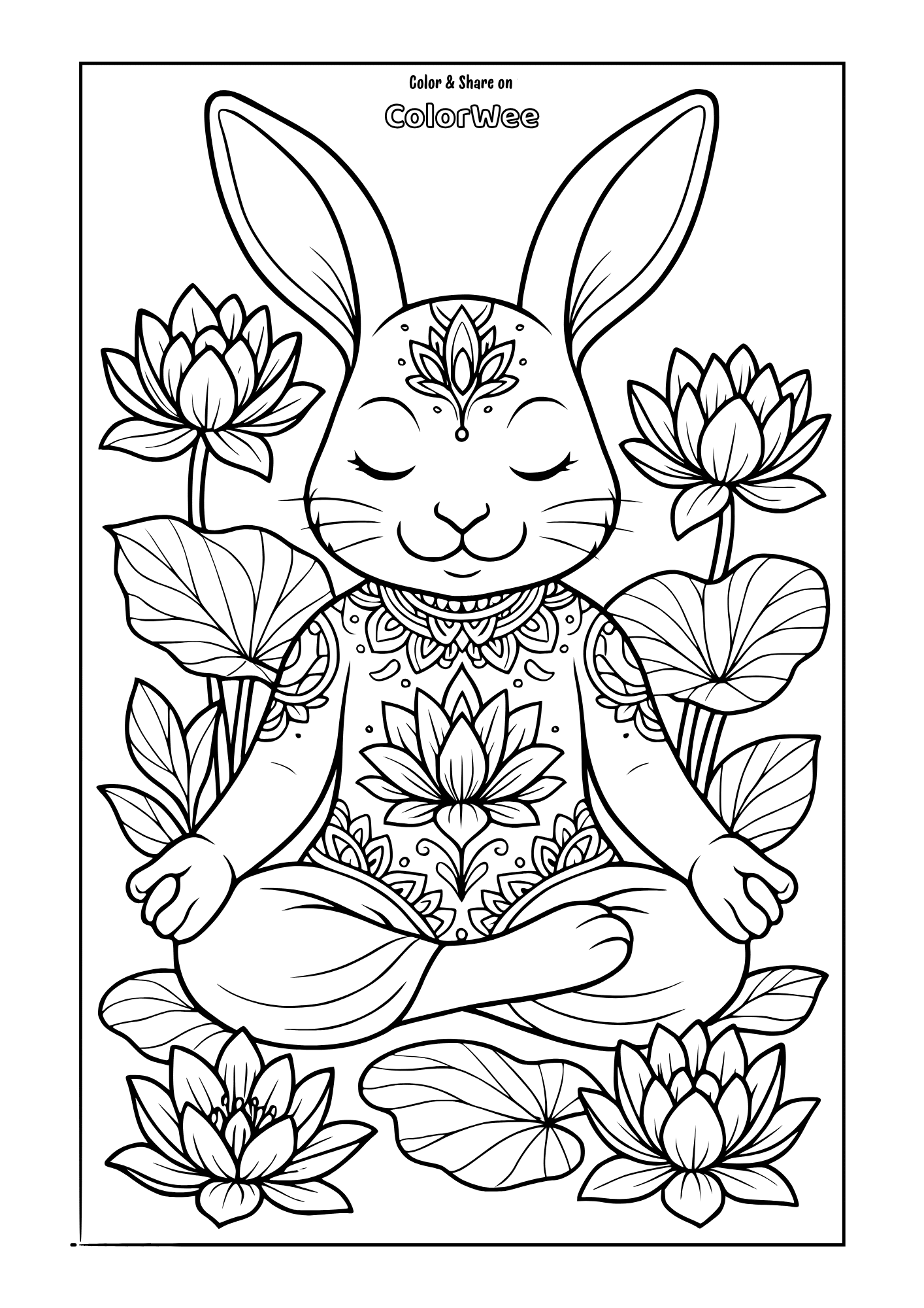 Rabbit meditating with flowers around. 
