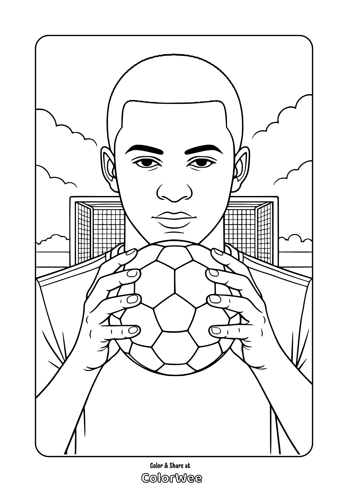 MBappé holding soccer ball by goal coloring page