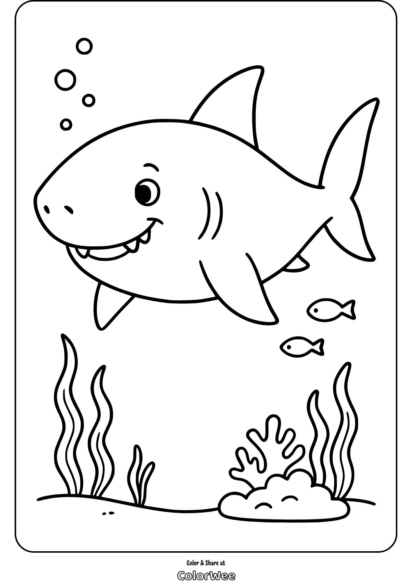 Cute shark coloring page for kids with fish and seaweed.